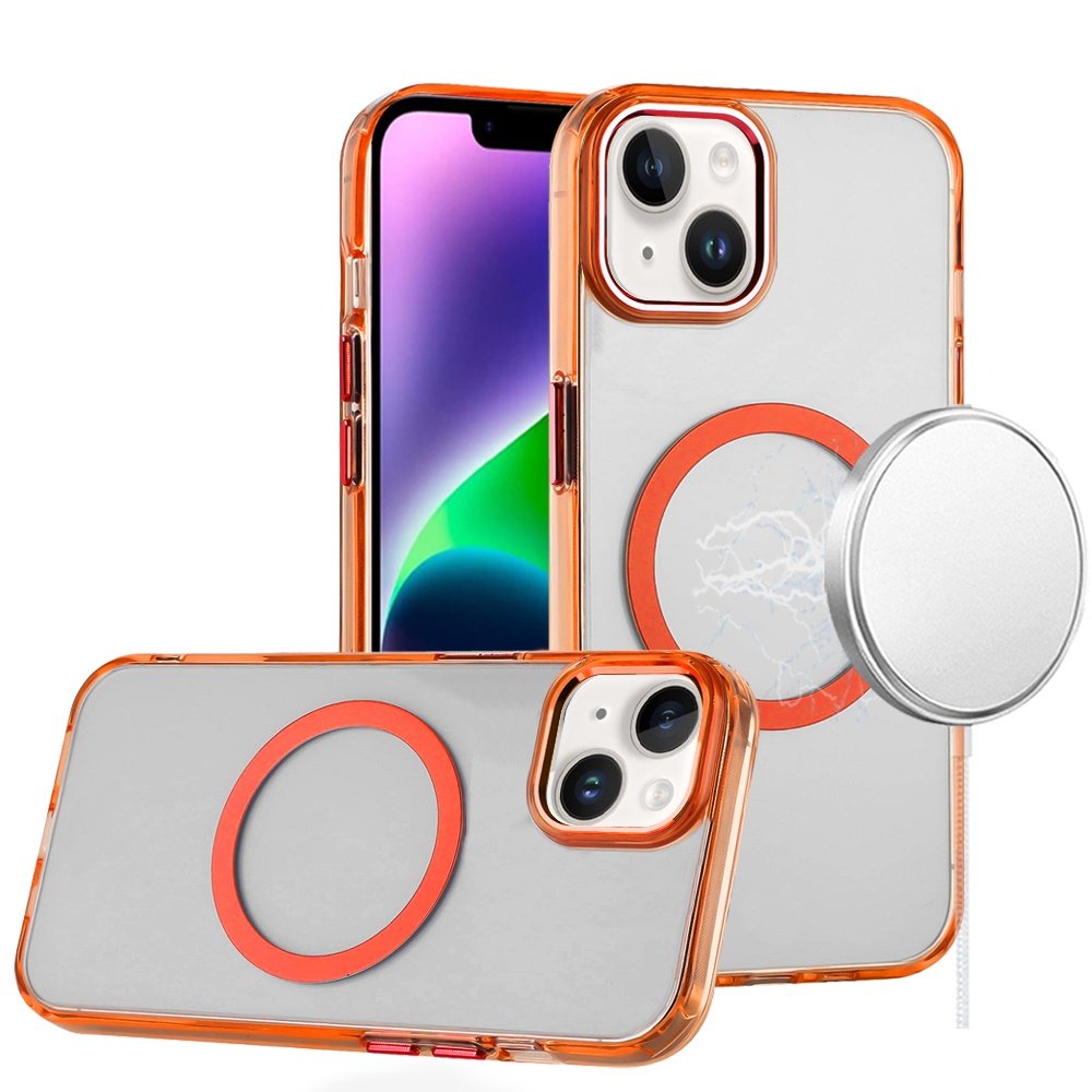 for iphone 15 magnetic circle ring transparent premium acrylic with metal buttons & camera raised lip cosmic orange