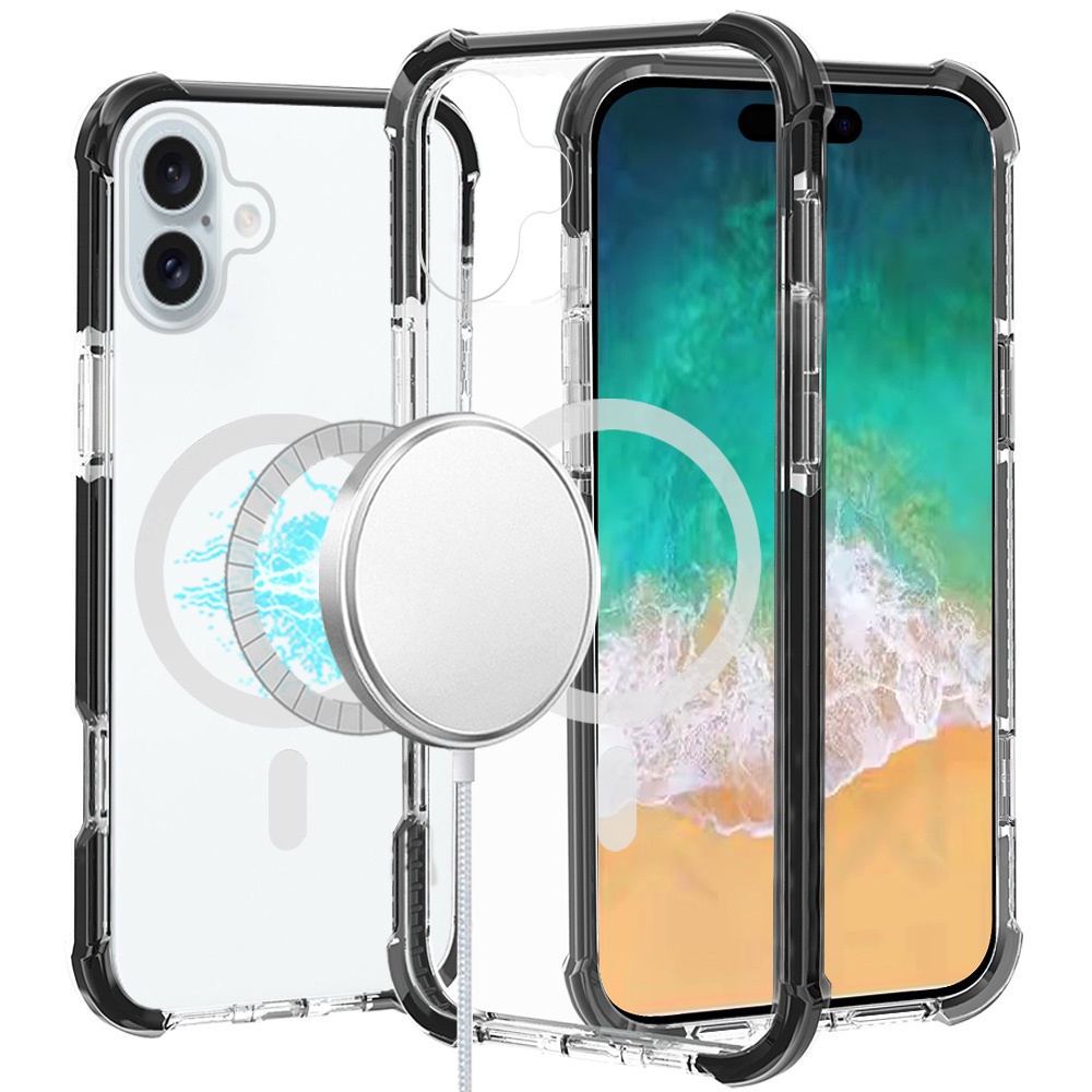 for iphone 16 plus 6.7 inch acrylic [magnetic circle] tough 2.5mm transparent shockproof hybrid black