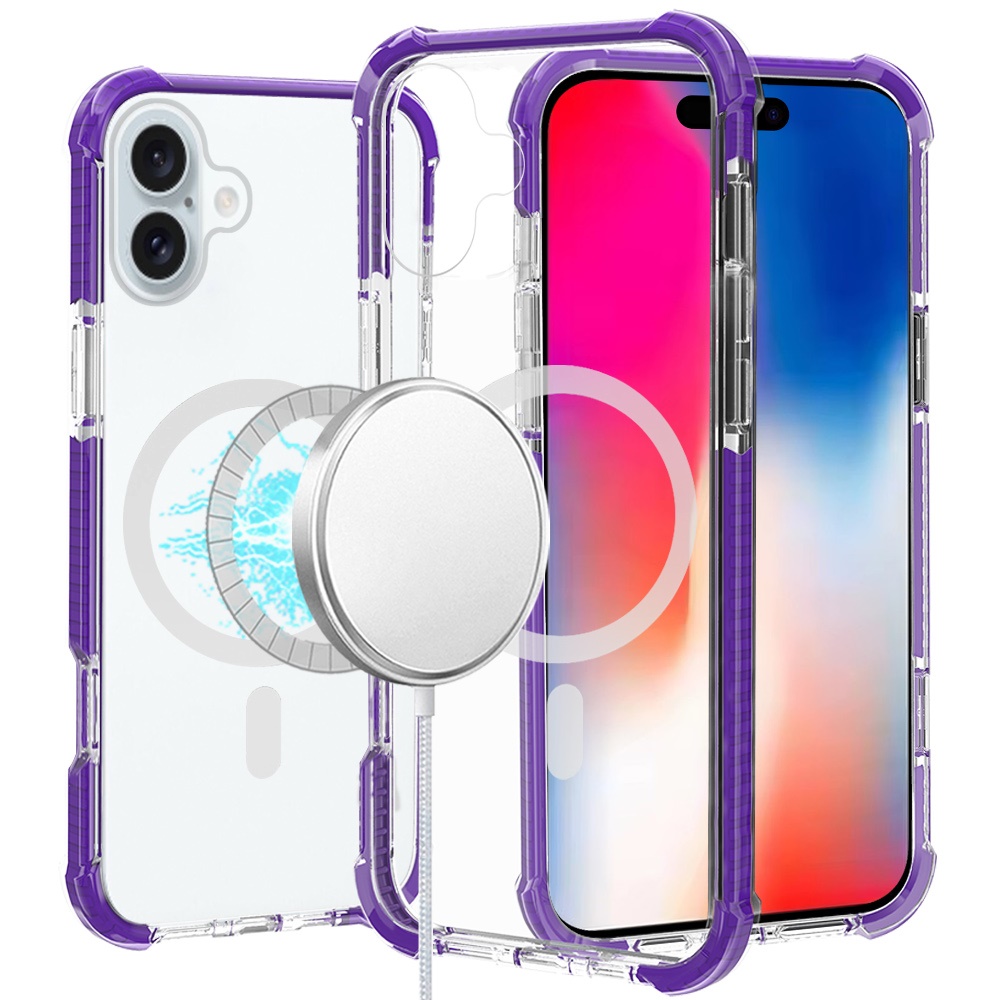 for iphone 16 6.1 inch acrylic [magnetic circle] tough 2.5mm transparent shockproof hybrid purple
