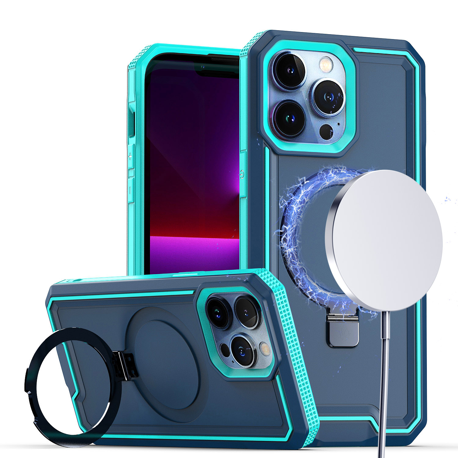 for apple iphone 14 pro max 6.7" aligned [magnetic circle] kickstand tough strong shockproof hybrid blue