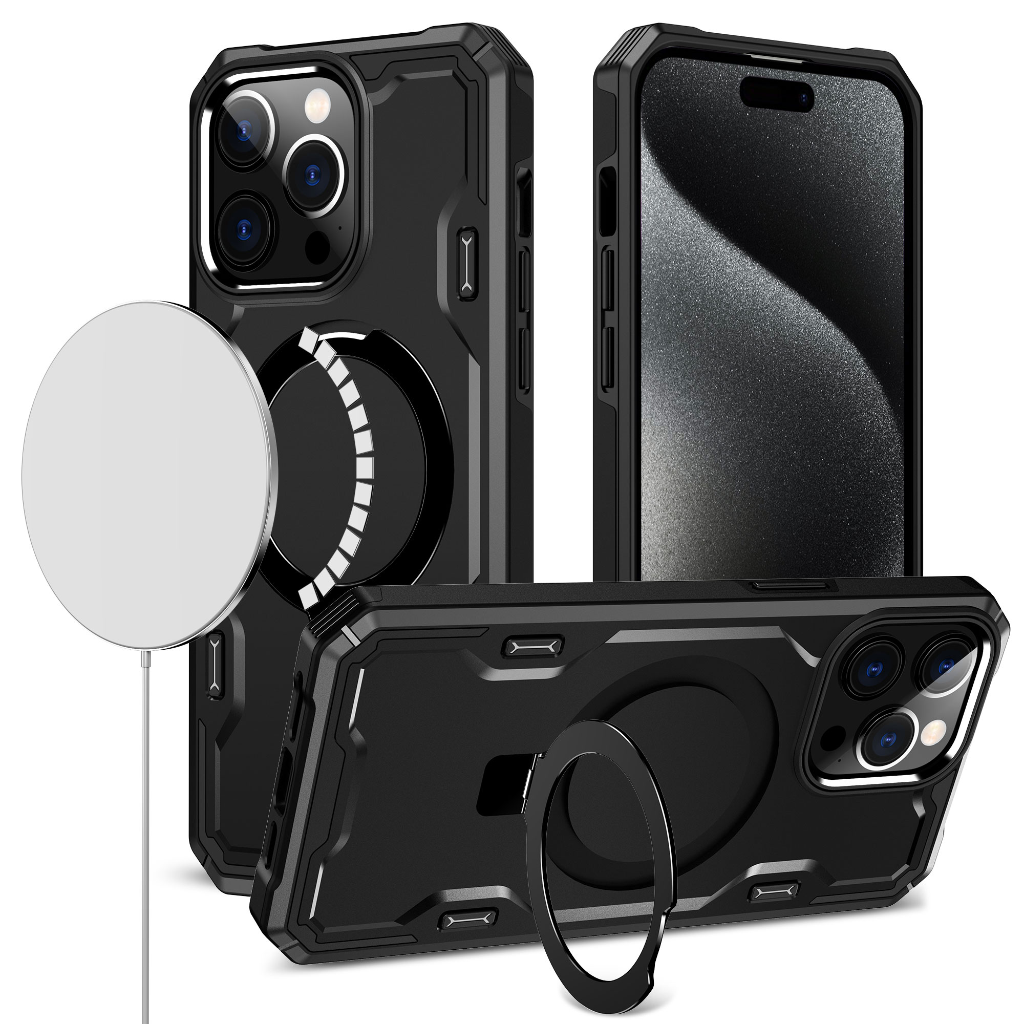 for iphone 13 pro max magnetic ring stand simplistic tough hybrid case cover black