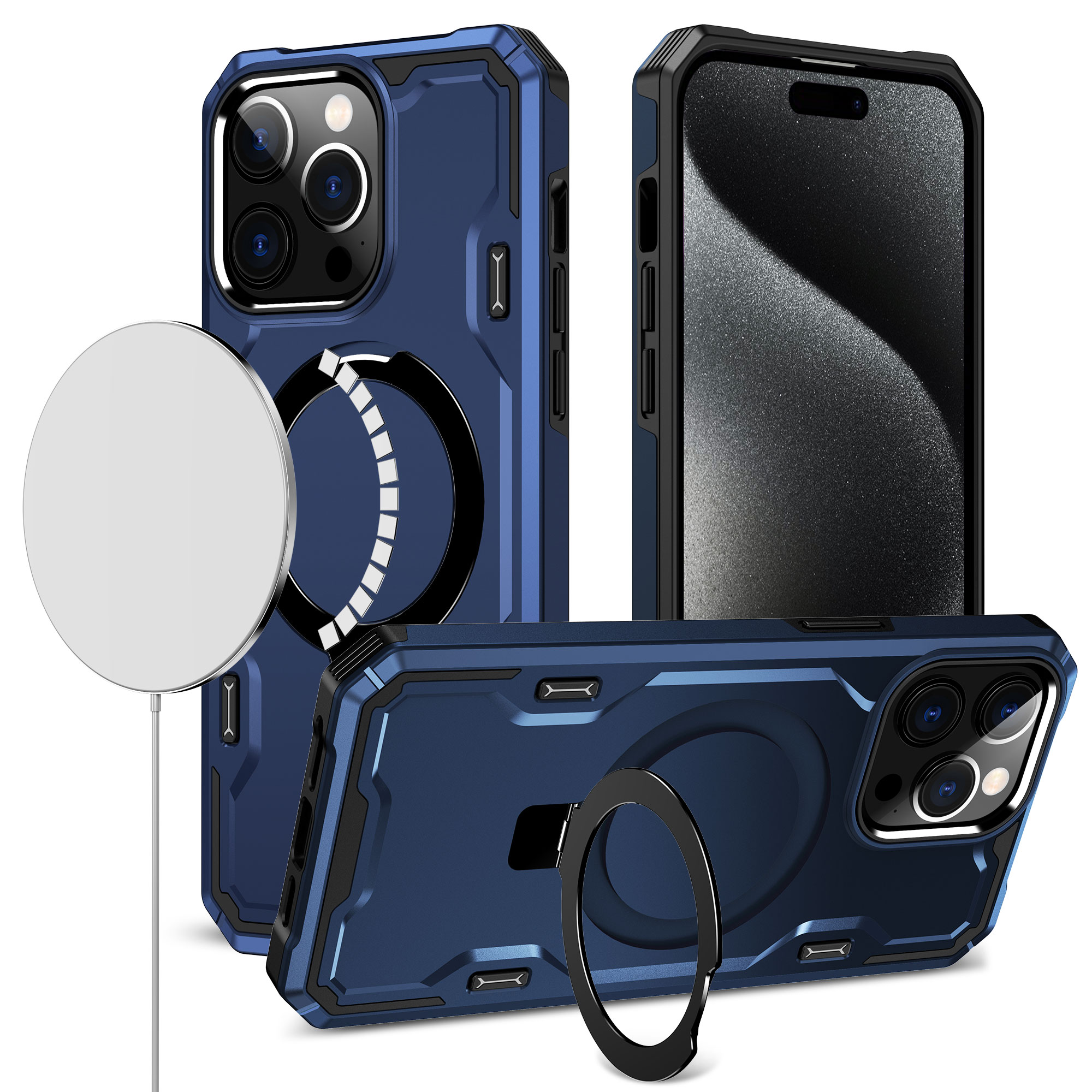 for iphone 14 pro max 6.7" magnetic ring stand simplistic tough hybrid case cover blue