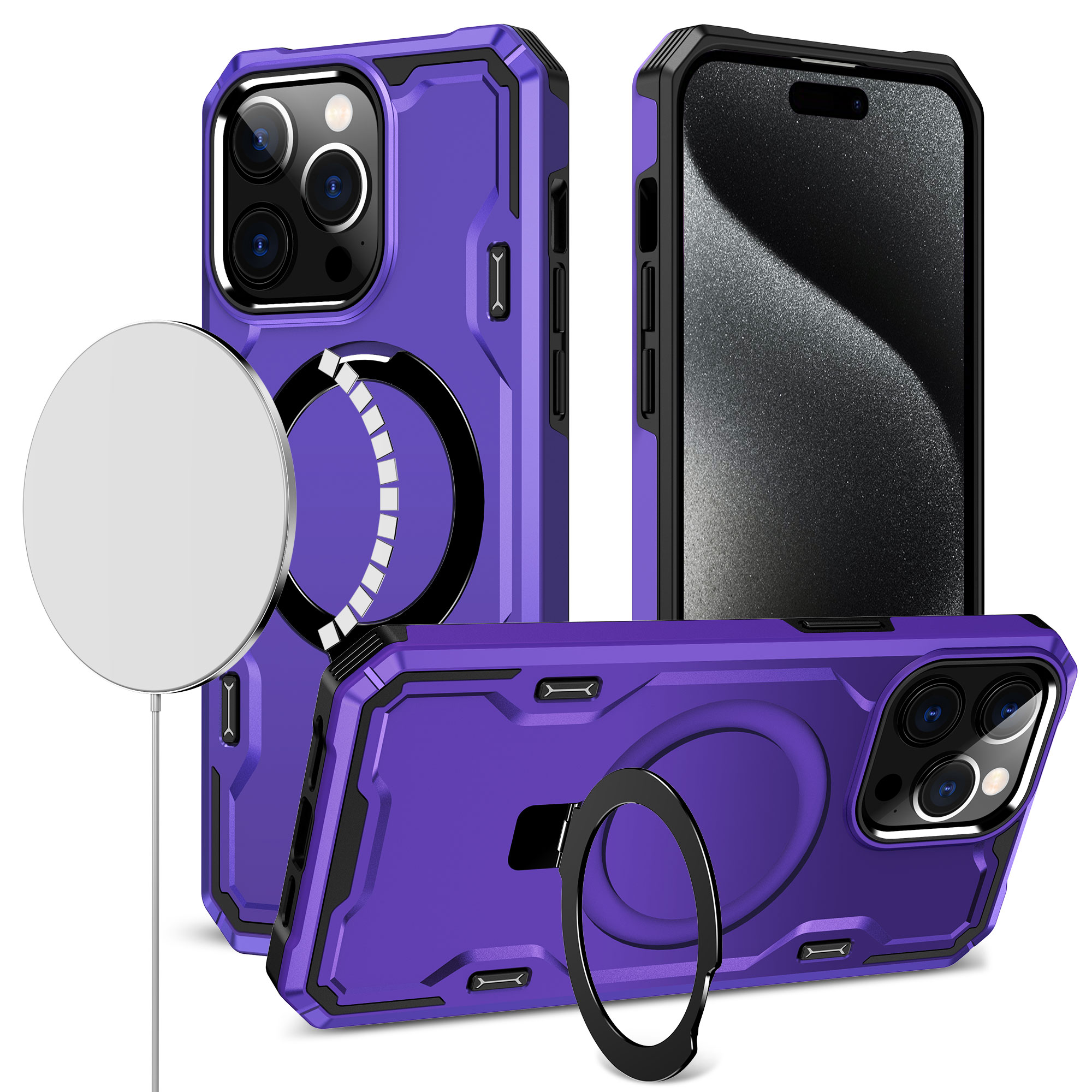 for iphone 14 pro max 6.7" magnetic ring stand simplistic tough hybrid case cover dark purple