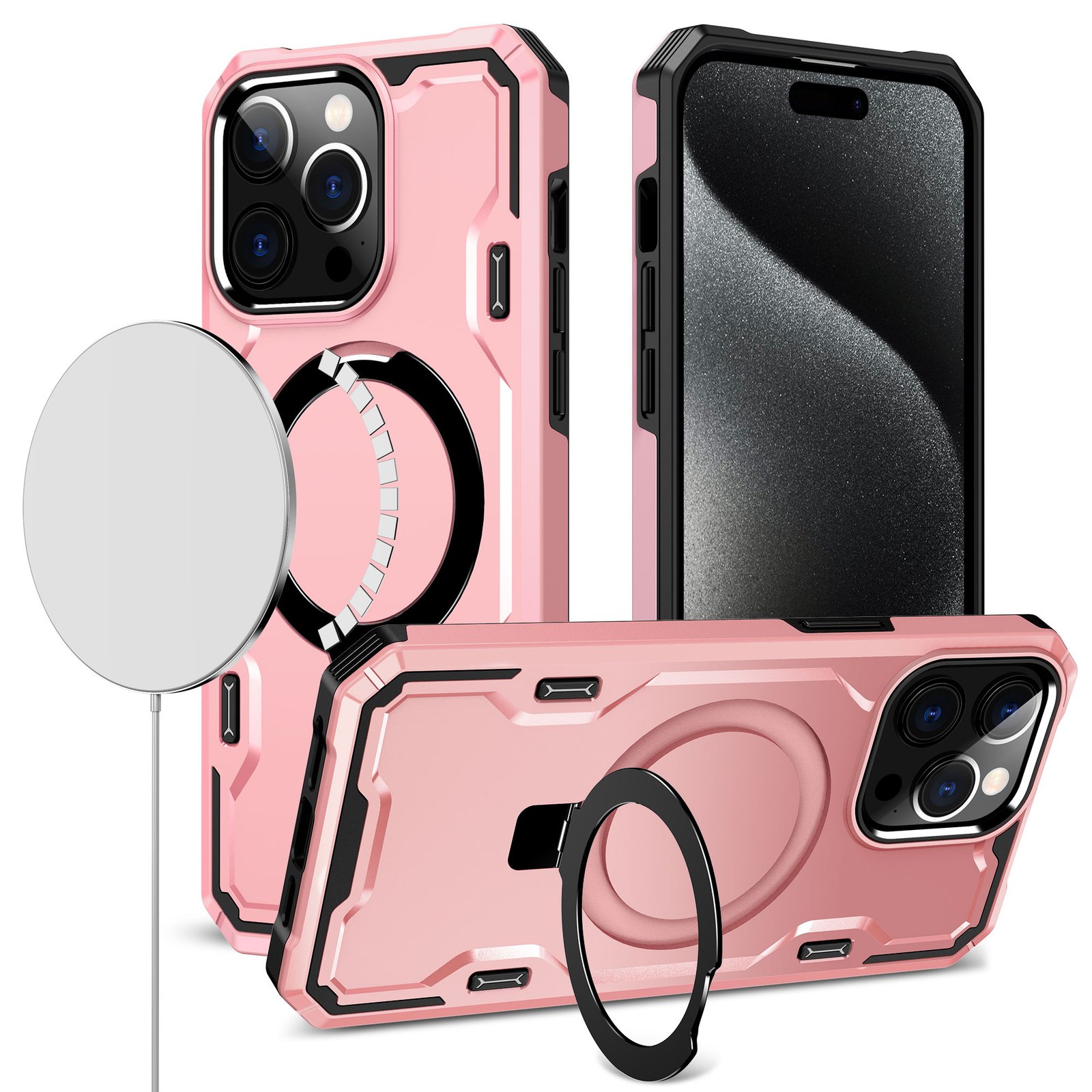 for ip15 pro max magnetic ring stand simplistic tough hybrid case cover rose gold