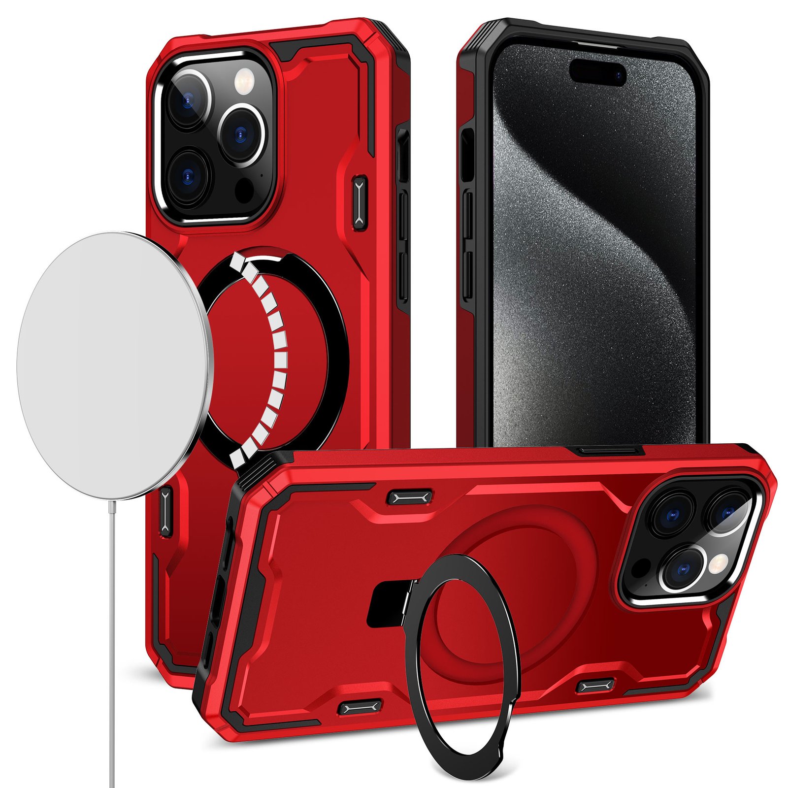 for iphone 15 magnetic ring stand simplistic tough hybrid case cover red