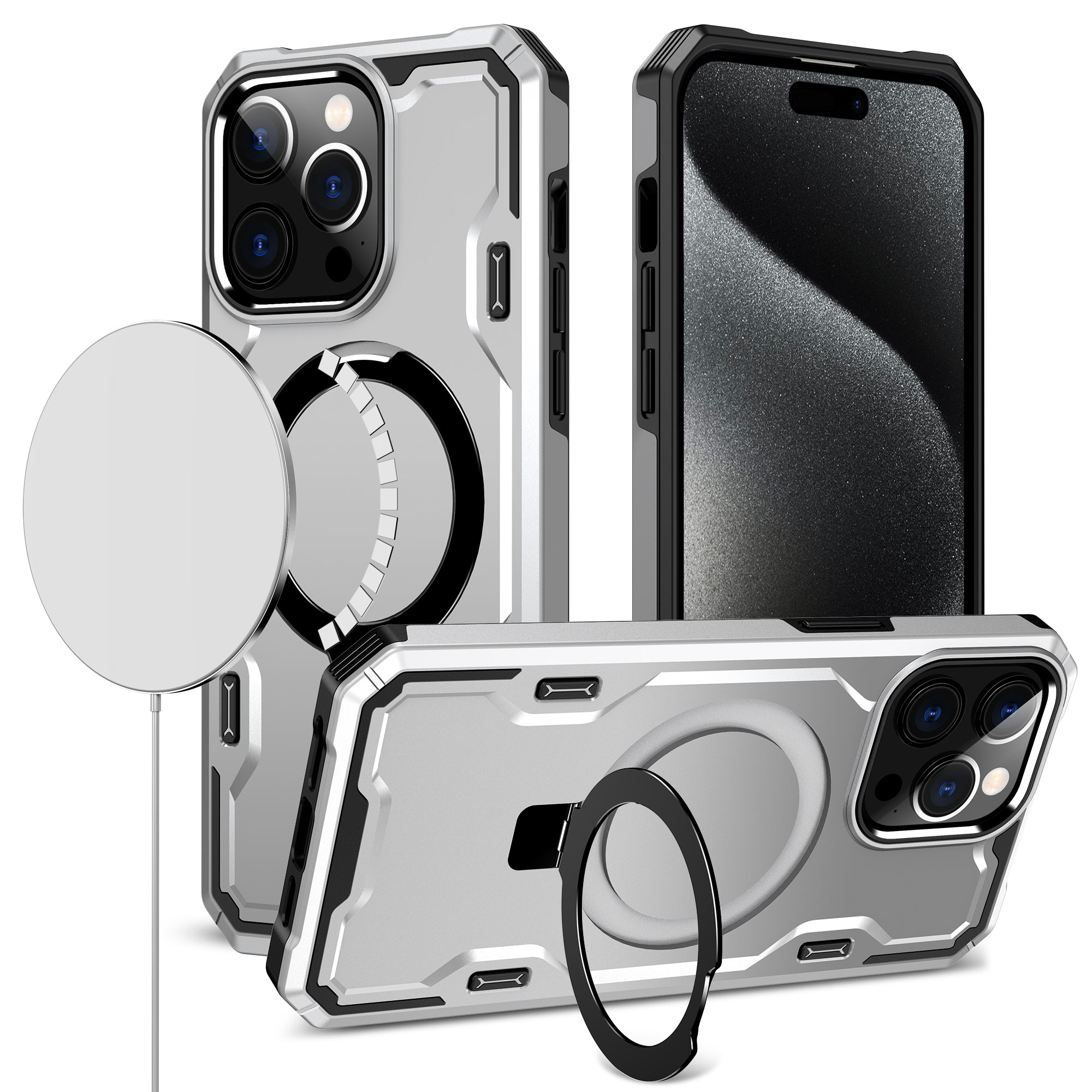 for iphone 14 pro max 6.7" magnetic ring stand simplistic tough hybrid case cover silver