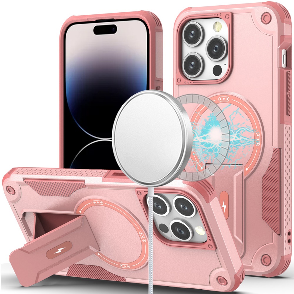 for iphone 14 pro max 6.7" sturdy bracket kickstand magnetic hybrid pink