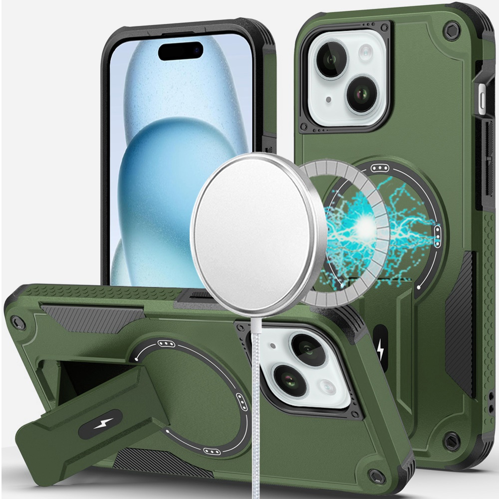 for iphone 15 plus/iphone 14 plus sturdy bracket kickstand magnetic hybrid midnight green