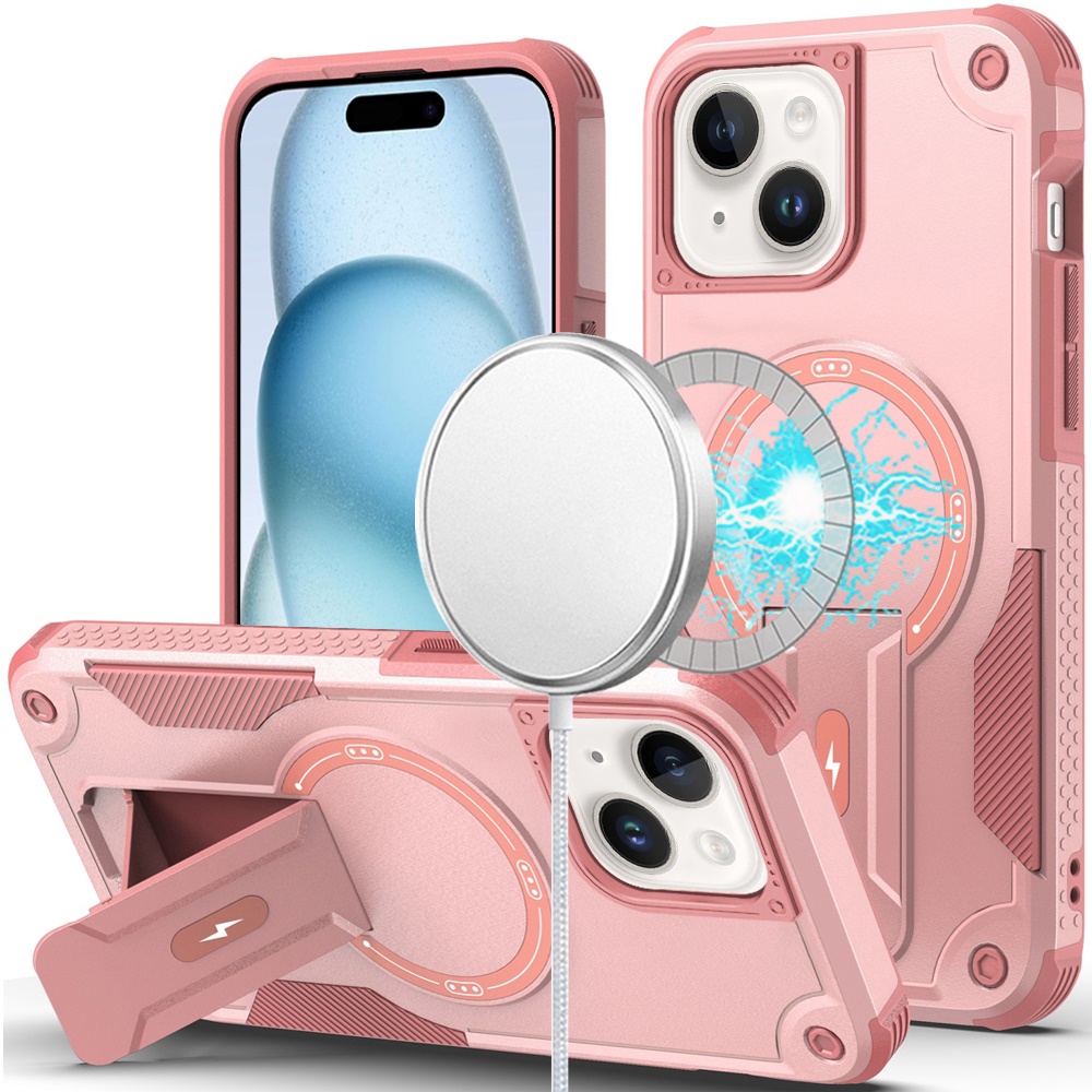 for iphone 15 plus/iphone 14 plus sturdy bracket kickstand magnetic hybrid pink