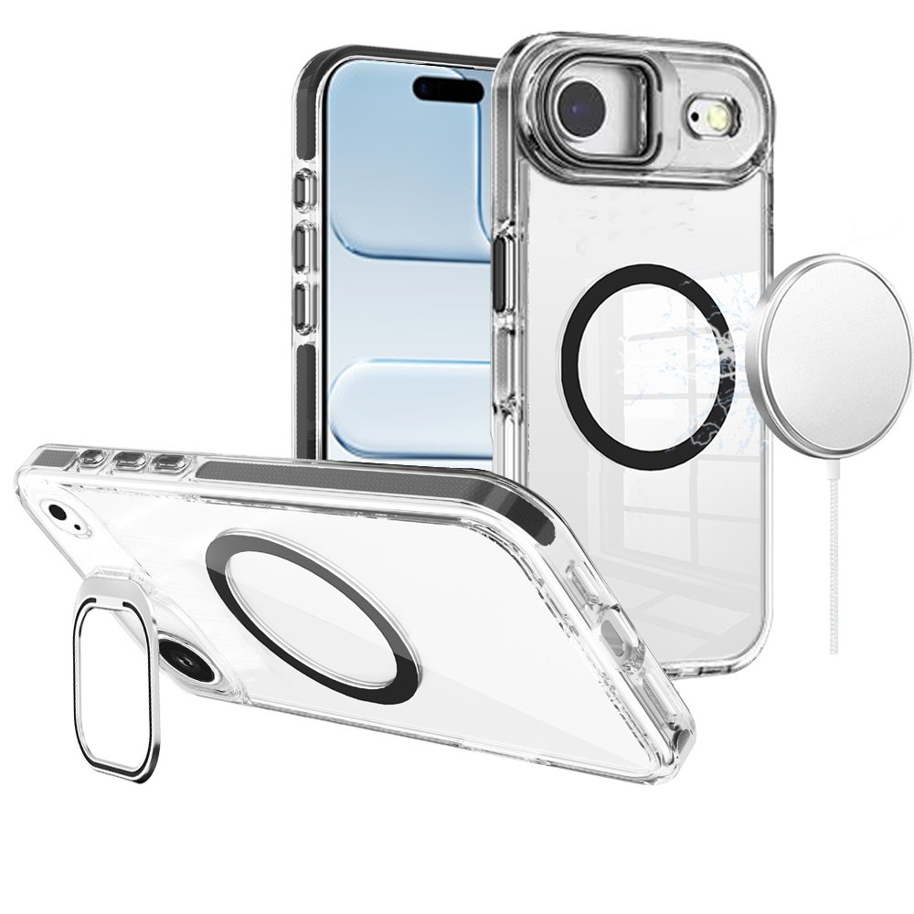 for iphone 17 air camera metallic stand [magnetic circle] transparent colorful matching edged tough hybrid case black