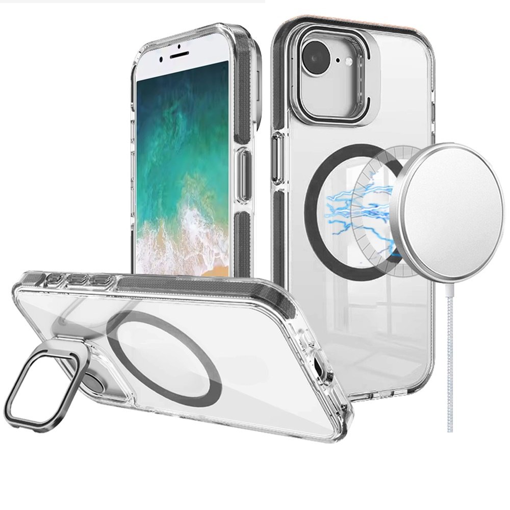 for iphone 17e / 16e / se4 camera metallic stand [magnetic circle] transparent colorful matching edged tough hybrid case black