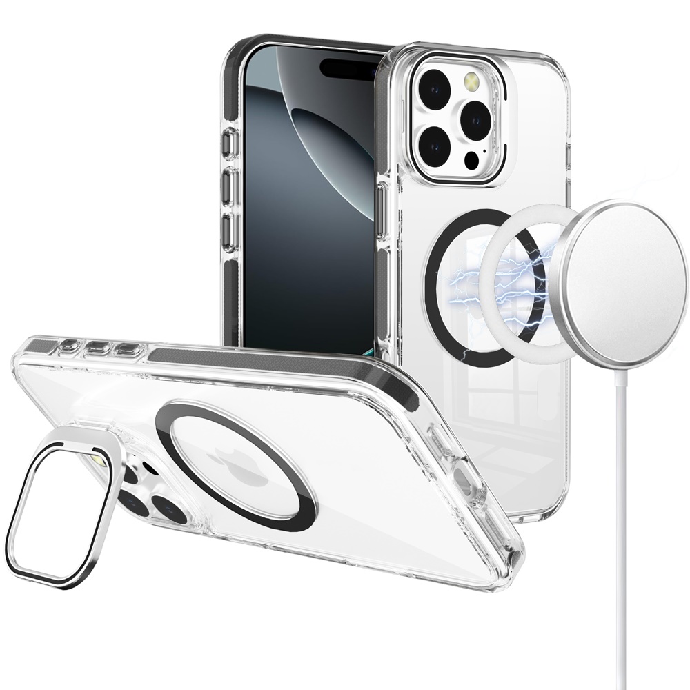 for iphone 16 pro 6.3 inch camera metallic stand [magnetic circle] transparent colorful matching edged tough hybrid case black