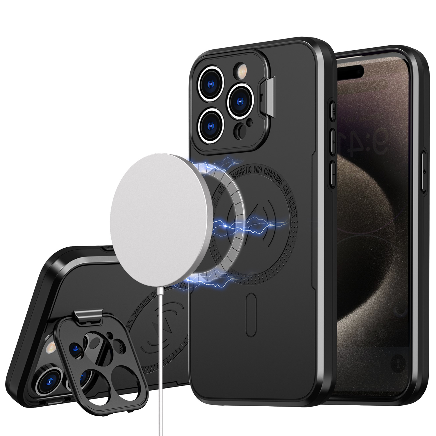 for iphone 13 pro max magnetic ring circle camera cap kickstand hybrid uv paint matte finish case black
