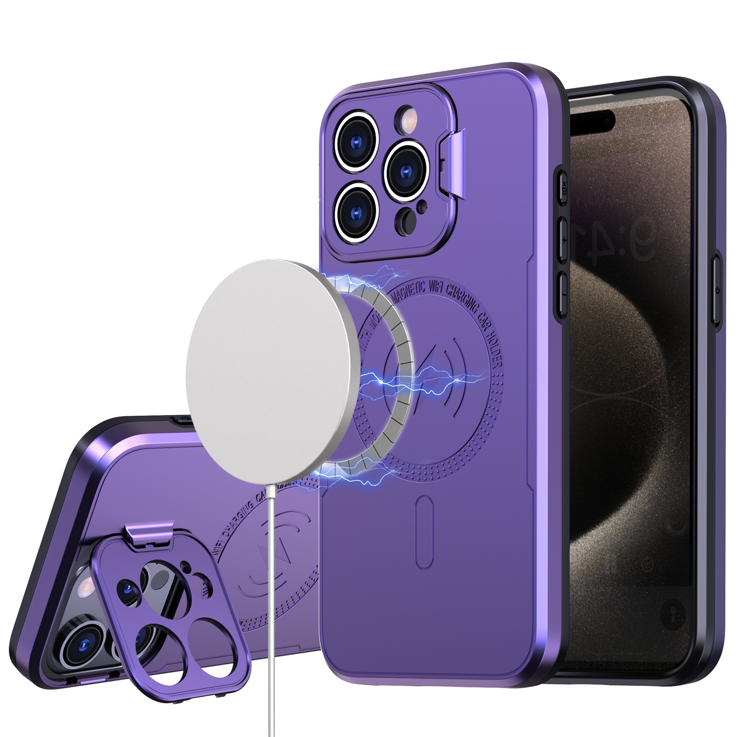 for iphone 13 pro max magnetic ring circle camera cap kickstand hybrid uv paint matte finish case purple