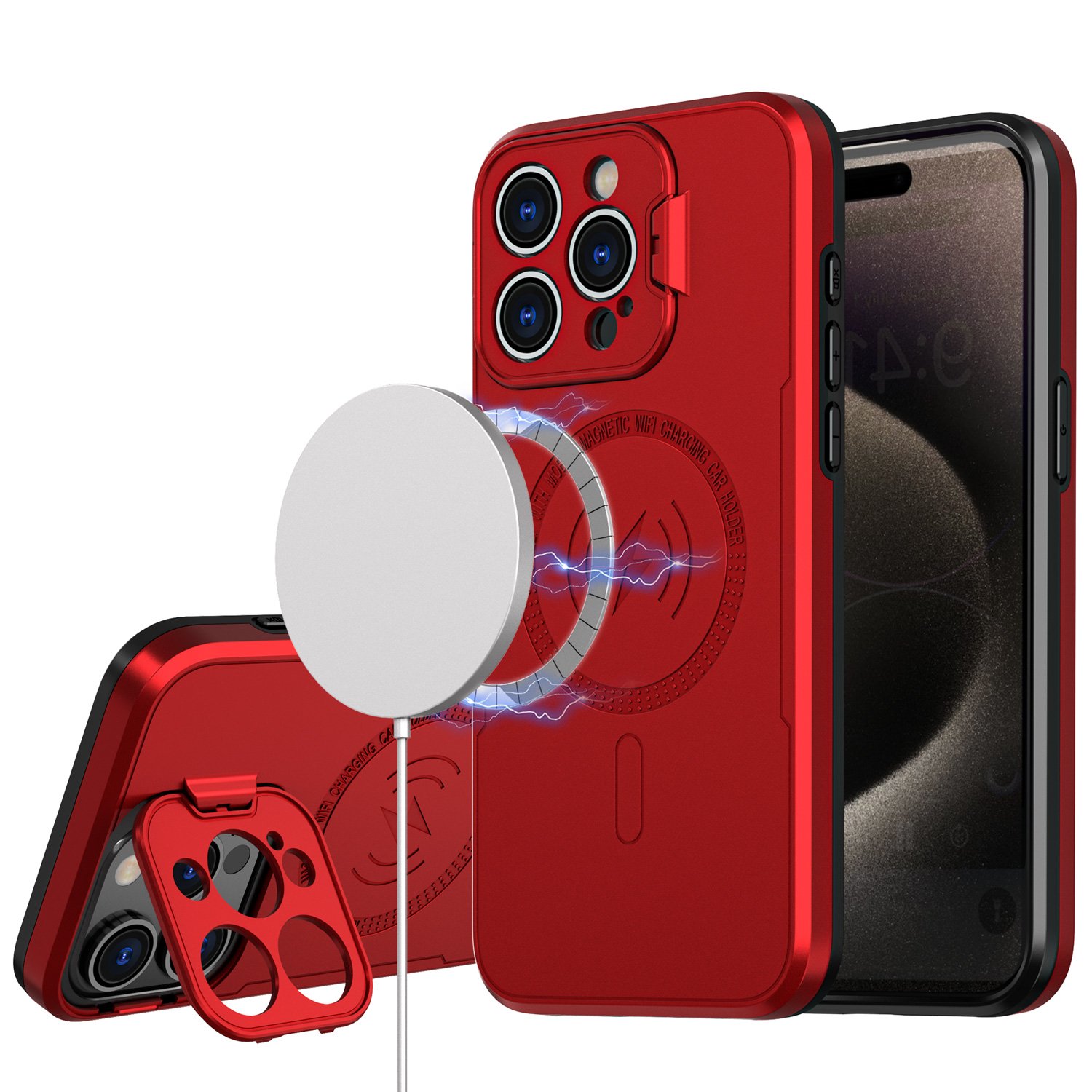for iphone 15 magnetic ring circle camera cap kickstand hybrid uv paint matte finish case red