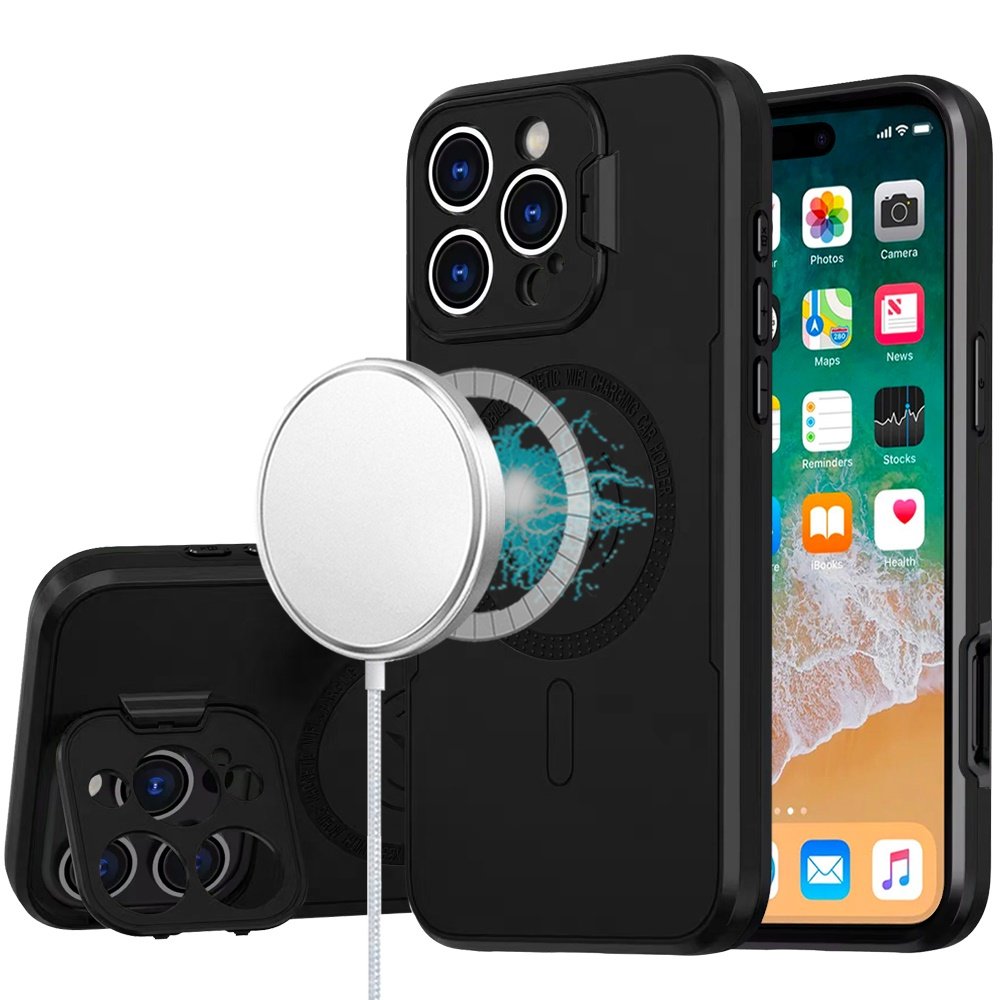 for iphone 16 pro max 6.9 inch magnetic ring circle camera cap kickstand hybrid uv paint matte finish case black