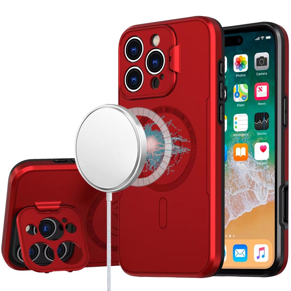 for iphone 16 pro max 6.9 inch magnetic ring circle camera cap kickstand hybrid uv paint matte finish case red