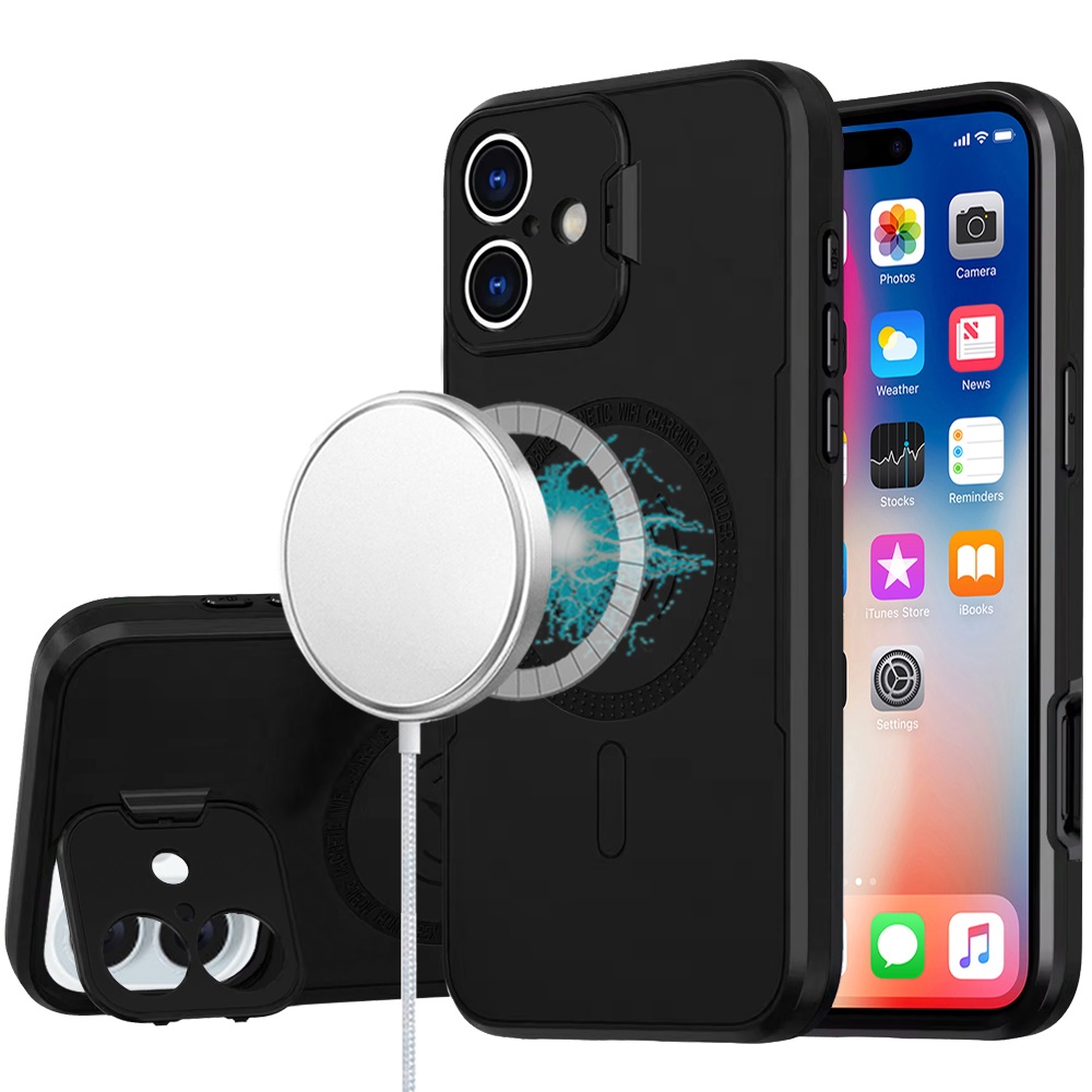 for iphone 16 6.1 inch magnetic ring circle camera cap kickstand hybrid uv paint matte finish case black
