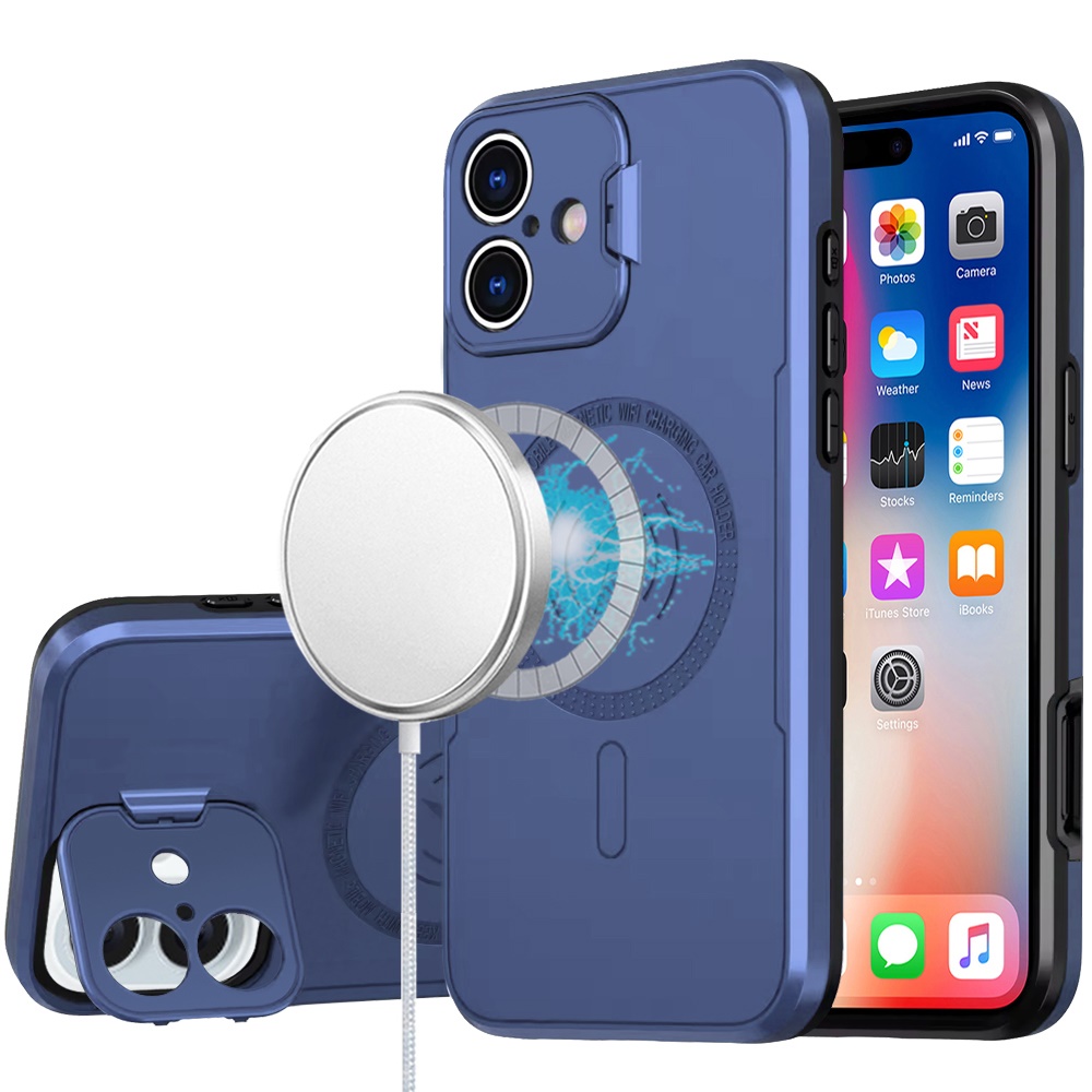 for iphone 16 6.1 inch magnetic ring circle camera cap kickstand hybrid uv paint matte finish case blue