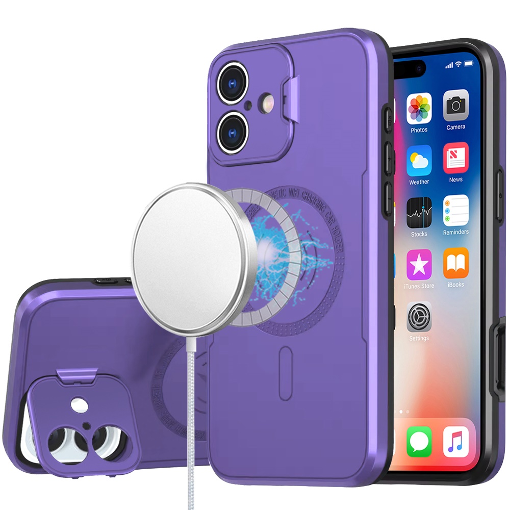 for iphone 16 6.1 inch magnetic ring circle camera cap kickstand hybrid uv paint matte finish case purple