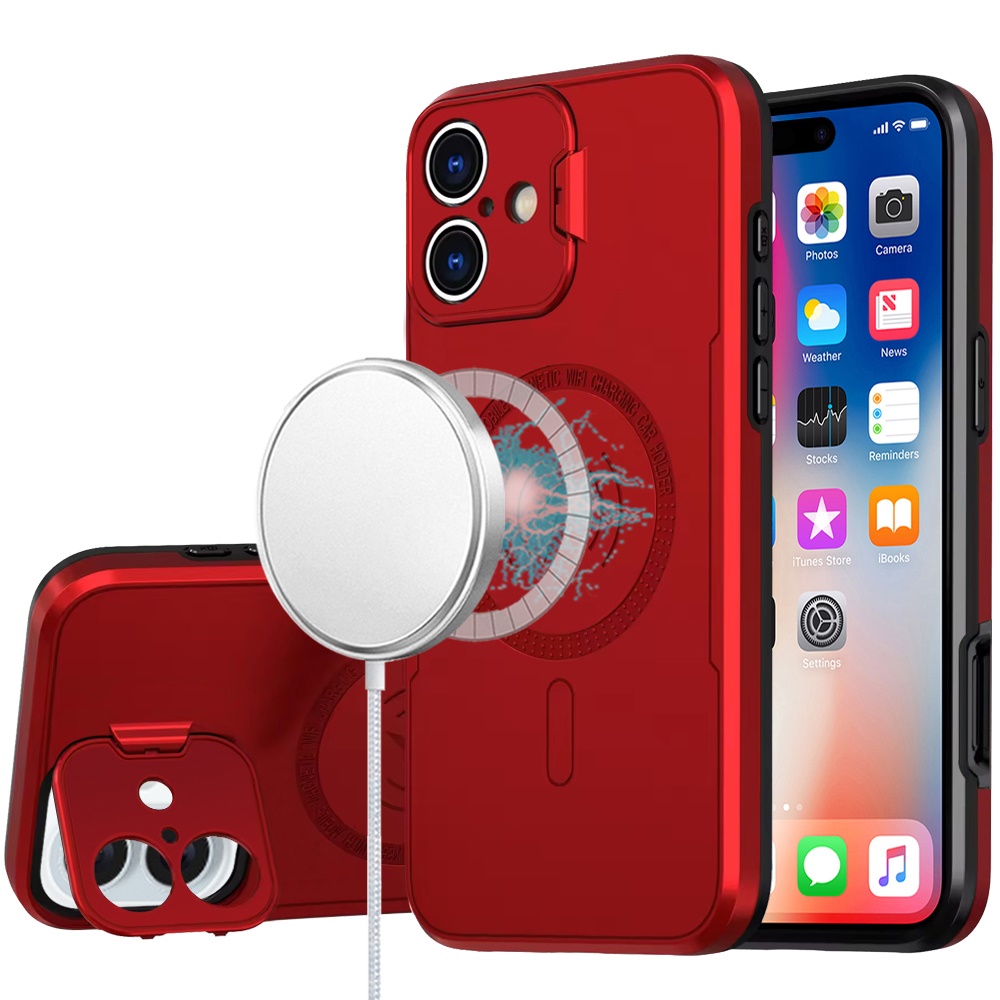 for iphone 16 6.1 inch magnetic ring circle camera cap kickstand hybrid uv paint matte finish case red