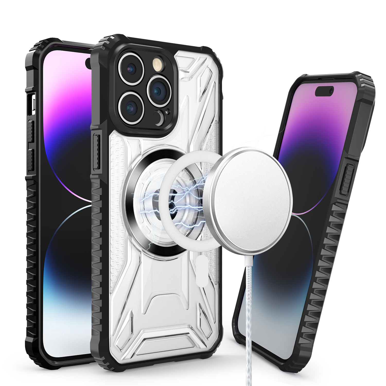 for apple iphone 14 pro max 6.7" [magnetic circle] cd pattern transparent rugged hybrid black