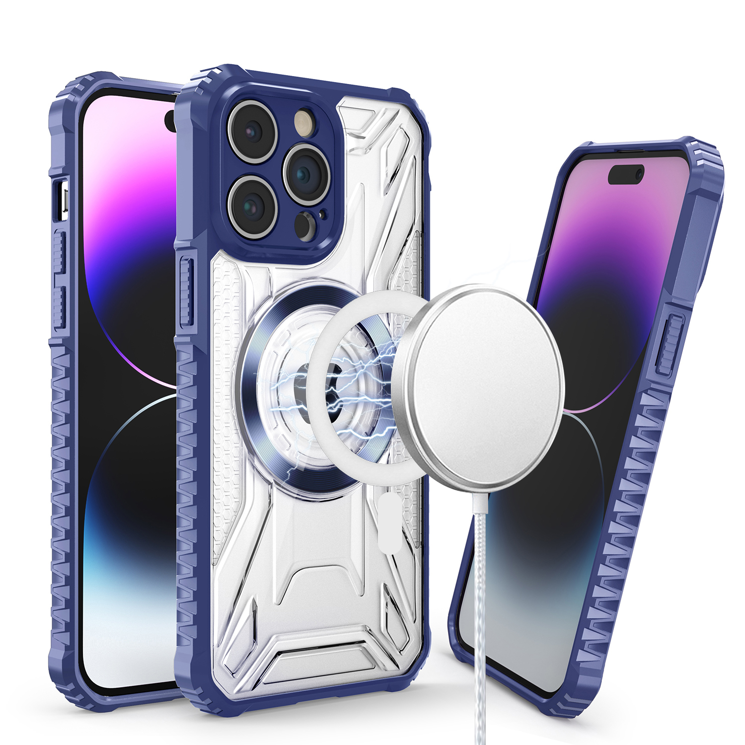 for apple iphone 14 pro max 6.7" [magnetic circle] cd pattern transparent rugged hybrid dark blue