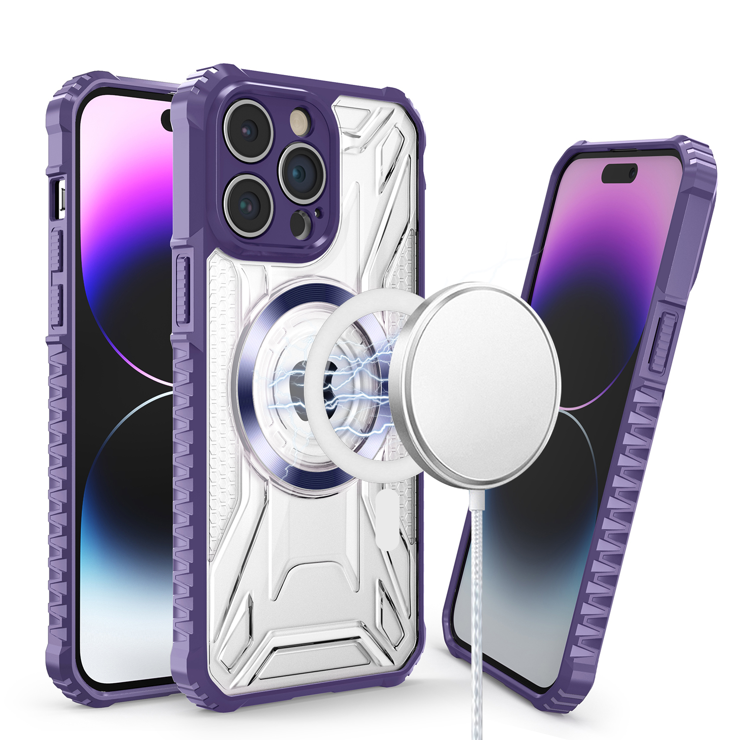 for apple iphone 14 pro max 6.7" [magnetic circle] cd pattern transparent rugged hybrid purple