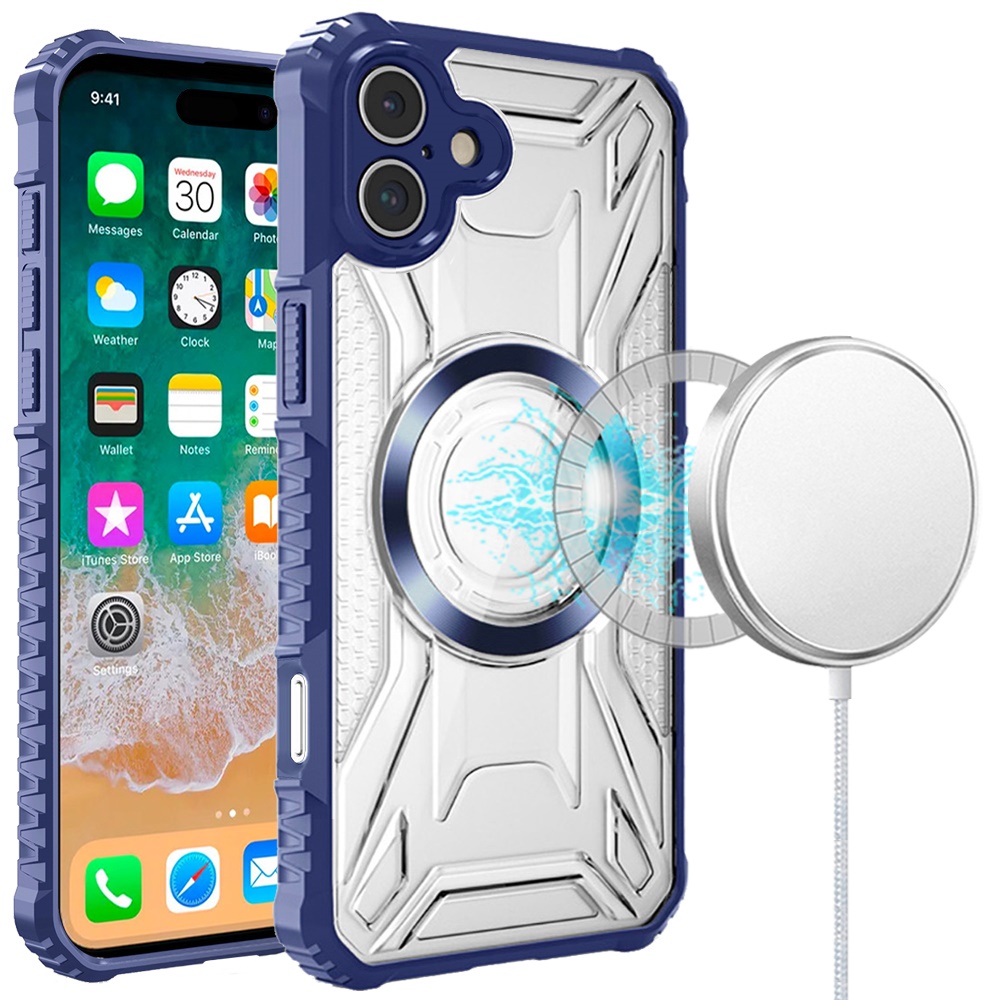 for iphone 16 plus 6.7 inch [magnetic circle] cd pattern transparent rugged hybrid dark blue