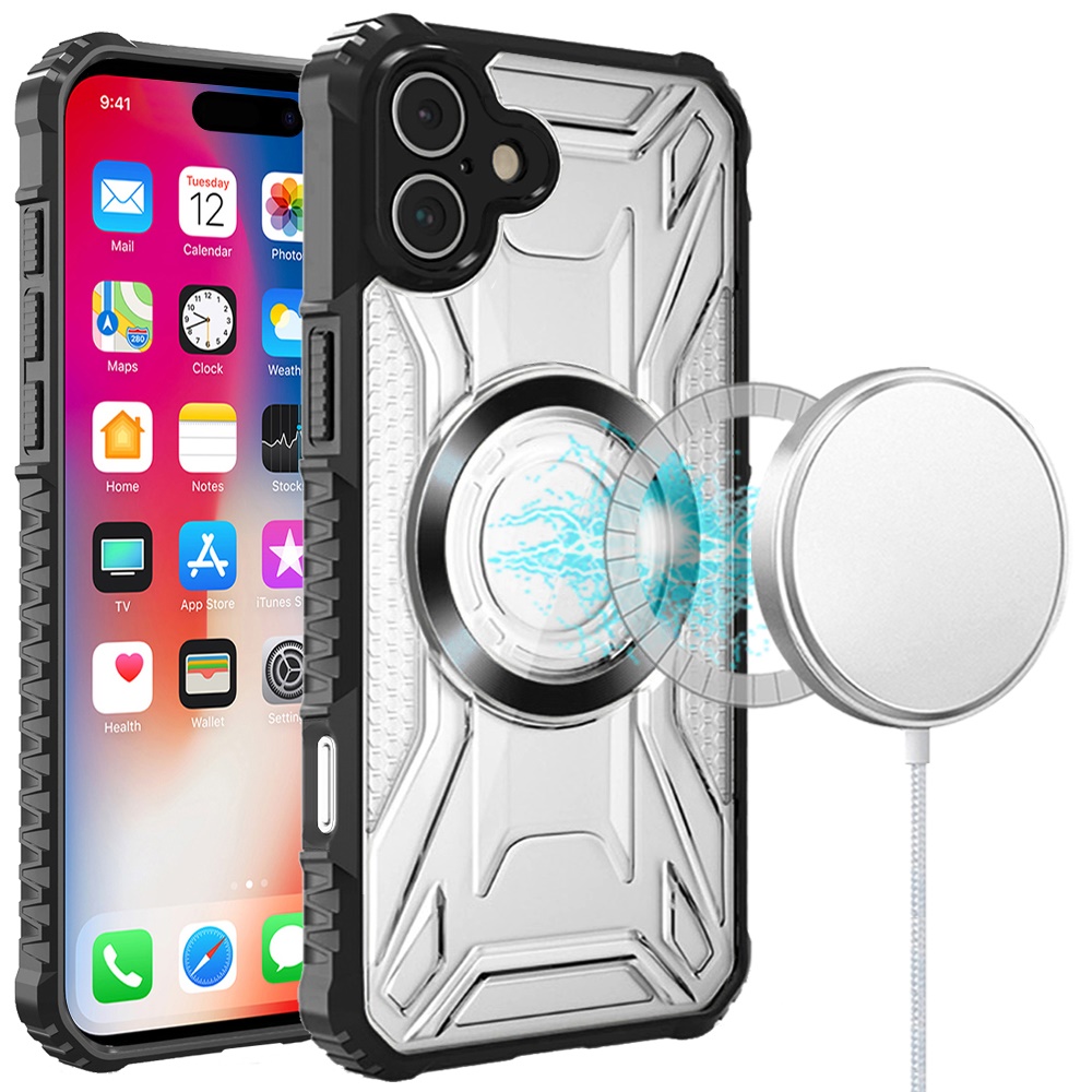 for iphone 16 6.1 inch [magnetic circle] cd pattern transparent rugged hybrid black
