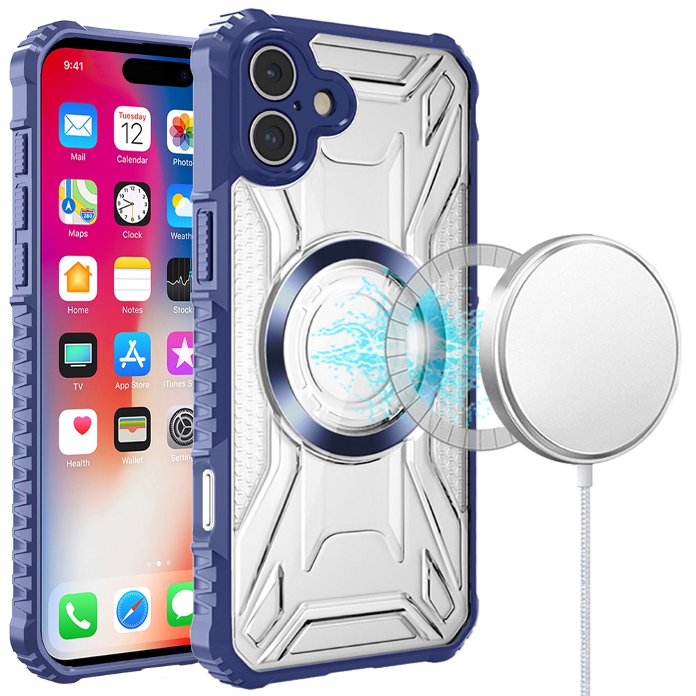 for iphone 16 6.1 inch [magnetic circle] cd pattern transparent rugged hybrid dark blue