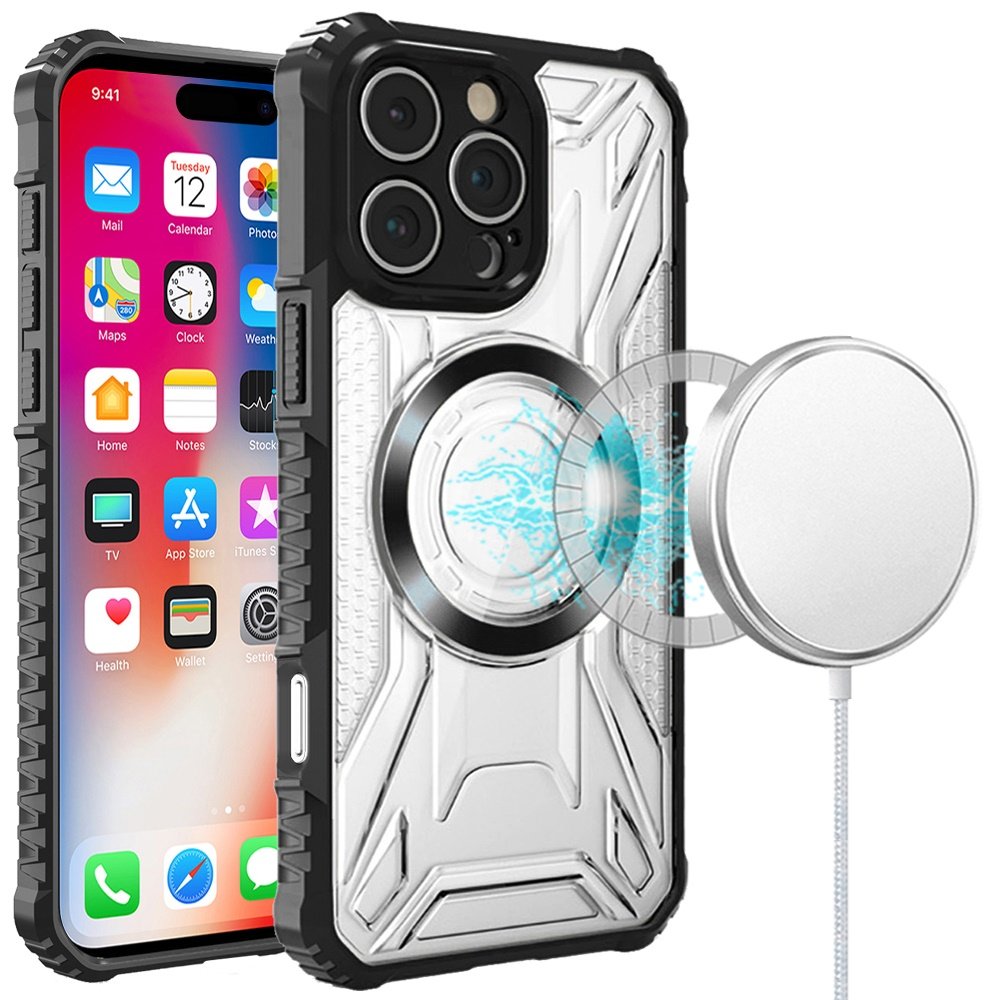 for iphone 16 pro 6.3 inch [magnetic circle] cd pattern transparent rugged hybrid black