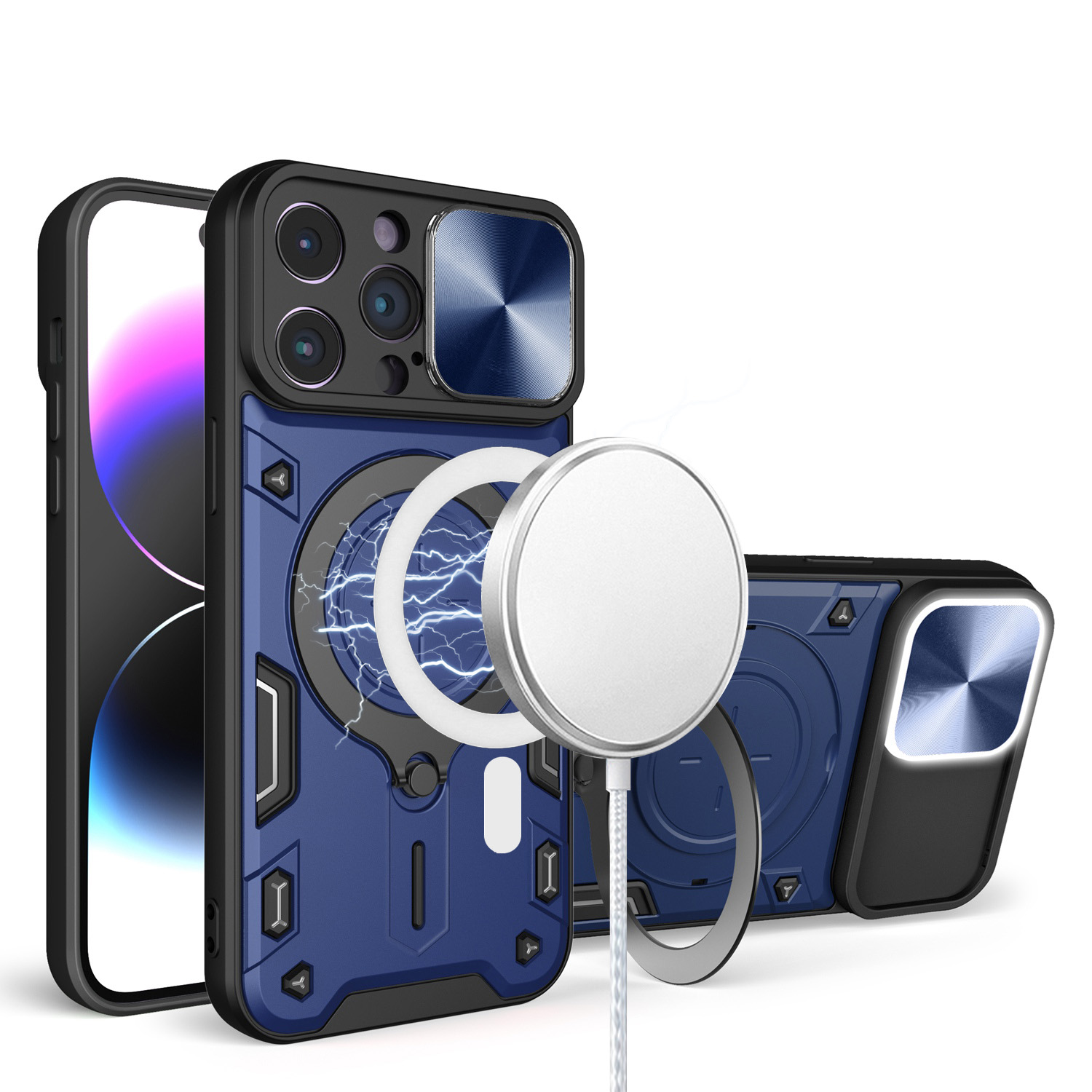 for iphone 15 plus magnetic ring stand classic design full camera protection hybrid case blue
