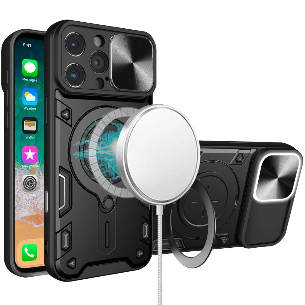 for iphone 16 pro max 6.9 inch magnetic ring stand classic design full camera protection hybrid case black
