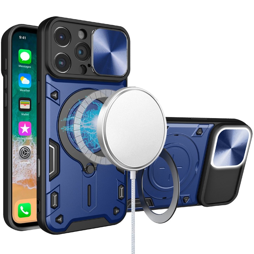 for iphone 16 pro max 6.9 inch magnetic ring stand classic design full camera protection hybrid case blue