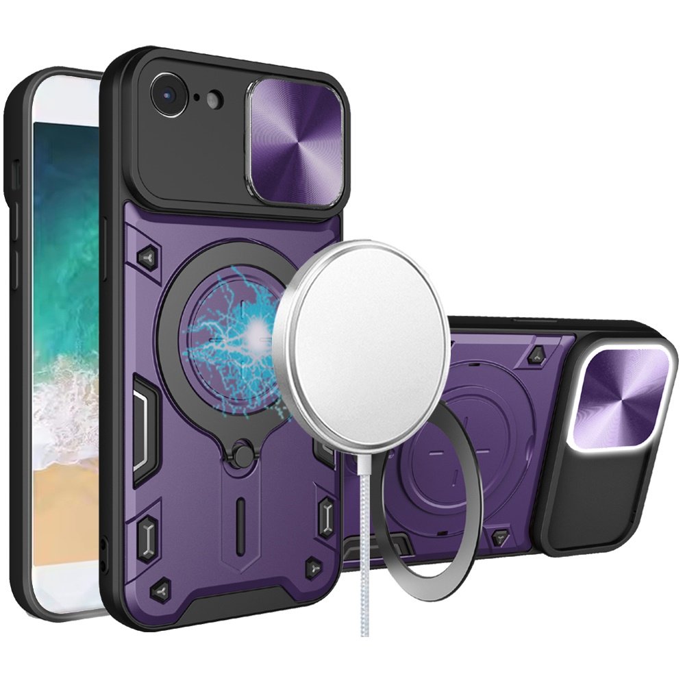 for iphone 17e / 16e / se4 magnetic ring stand classic design full camera protection hybrid case dark purple