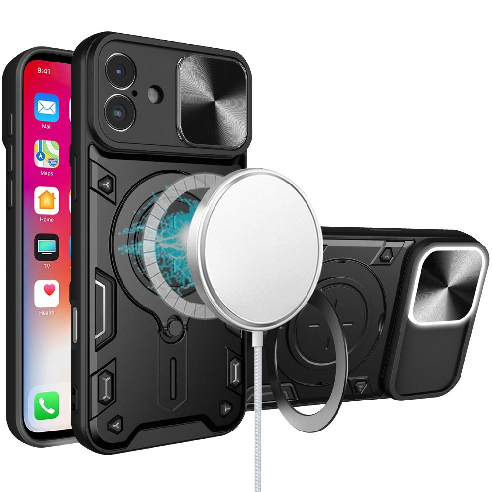 for iphone 16 6.1 inch magnetic ring stand classic design full camera protection hybrid case black