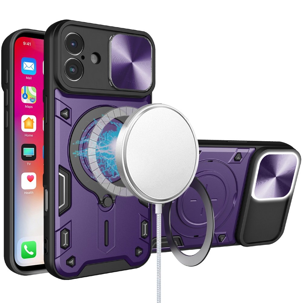 for iphone 16 6.1 inch magnetic ring stand classic design full camera protection hybrid case dark purple