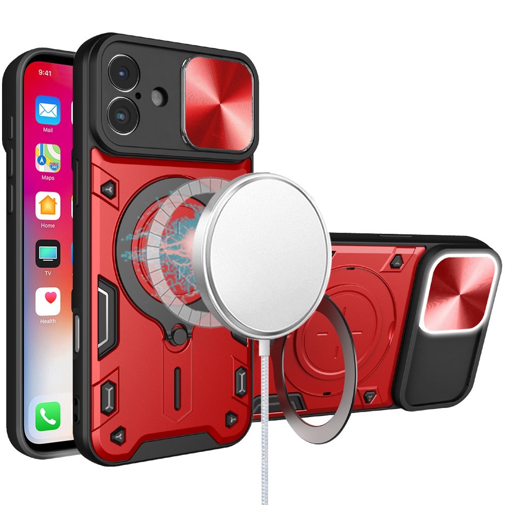 for iphone 16 6.1 inch magnetic ring stand classic design full camera protection hybrid case red