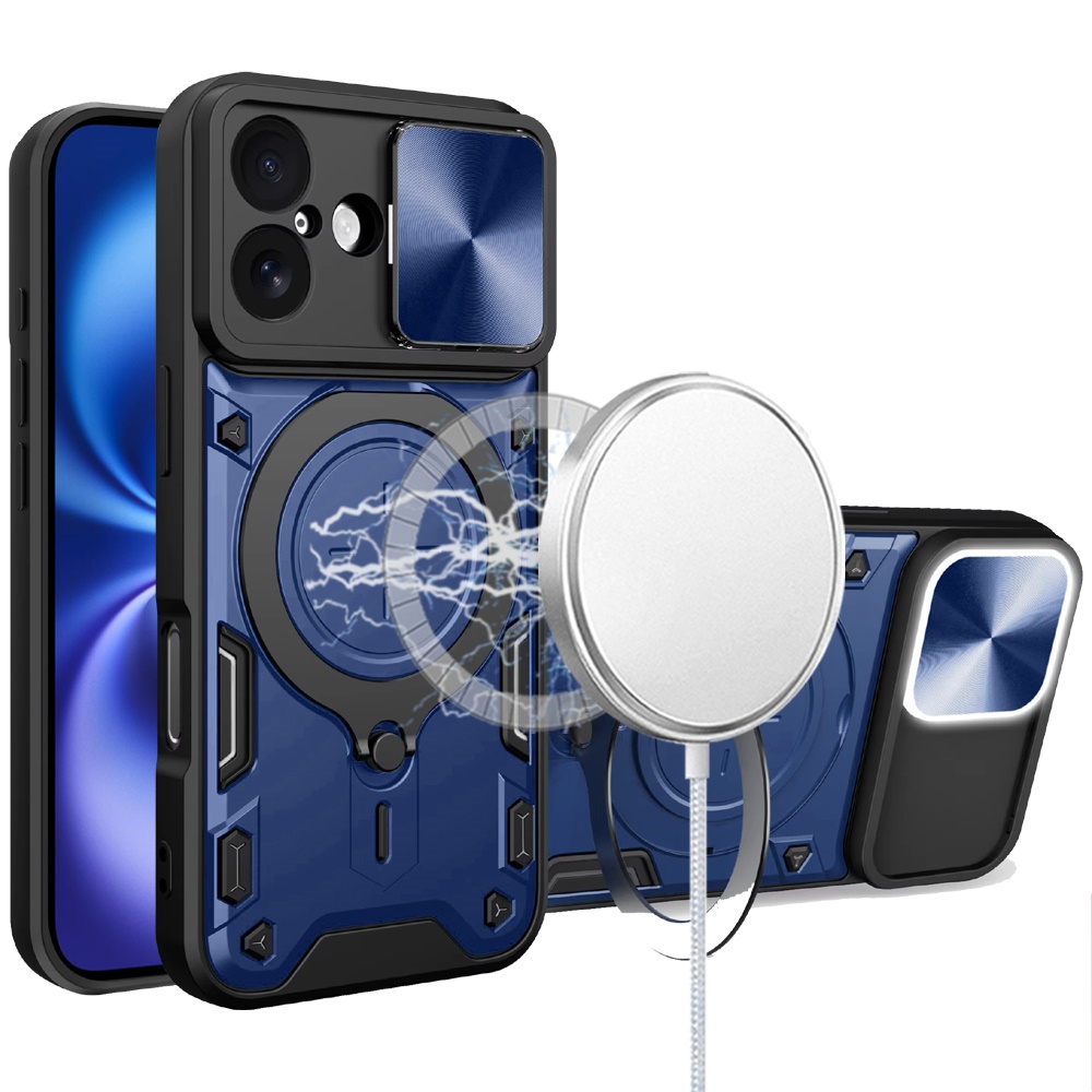 for iphone 17 magnetic ring stand classic design full camera protection hybrid case blue