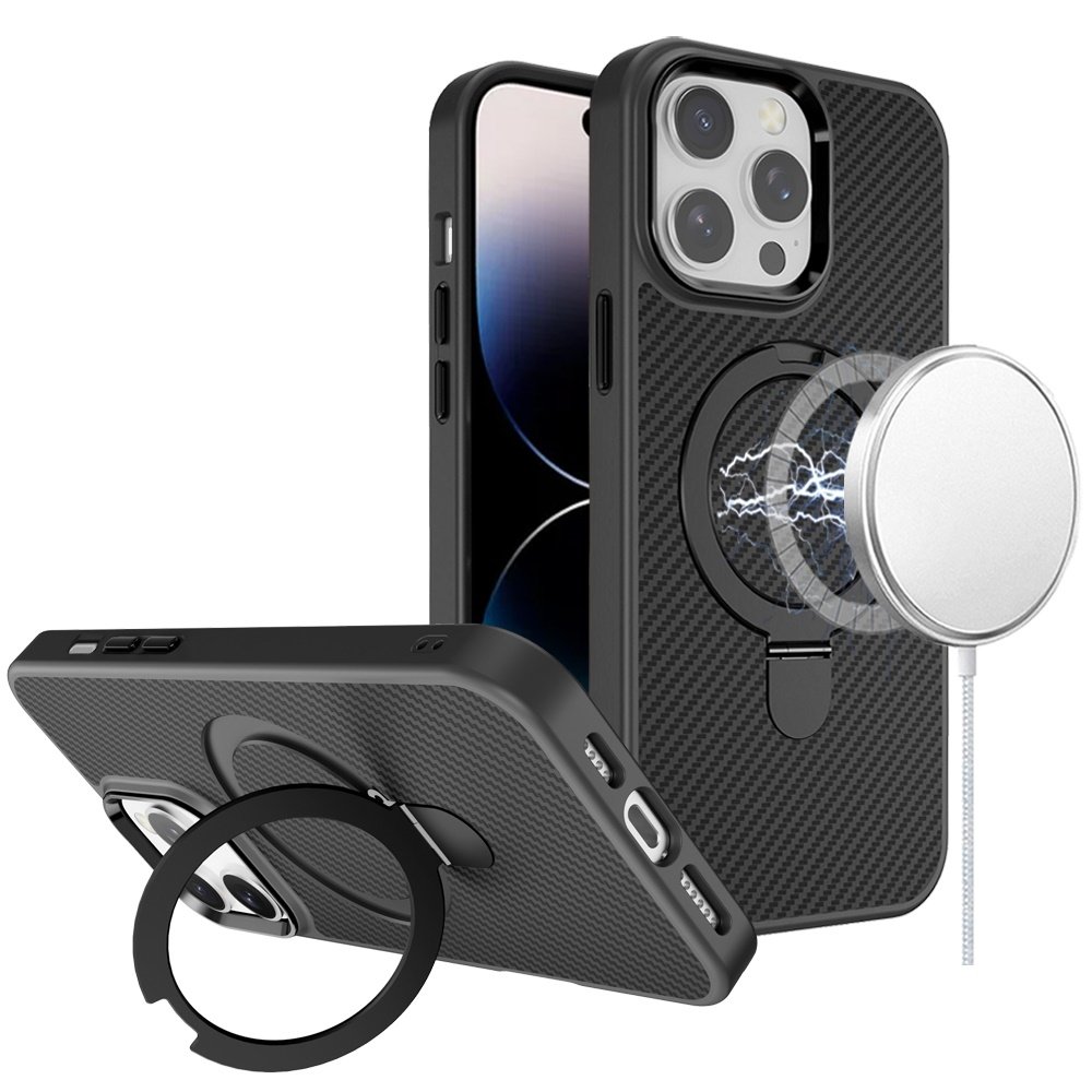 for iphone 14 pro max 6.7" carbon design [magnetic circle] with ring stand hybrid case black