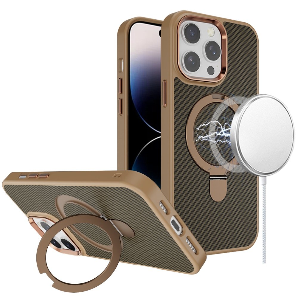for iphone 14 pro max 6.7" carbon design [magnetic circle] with ring stand hybrid case brown