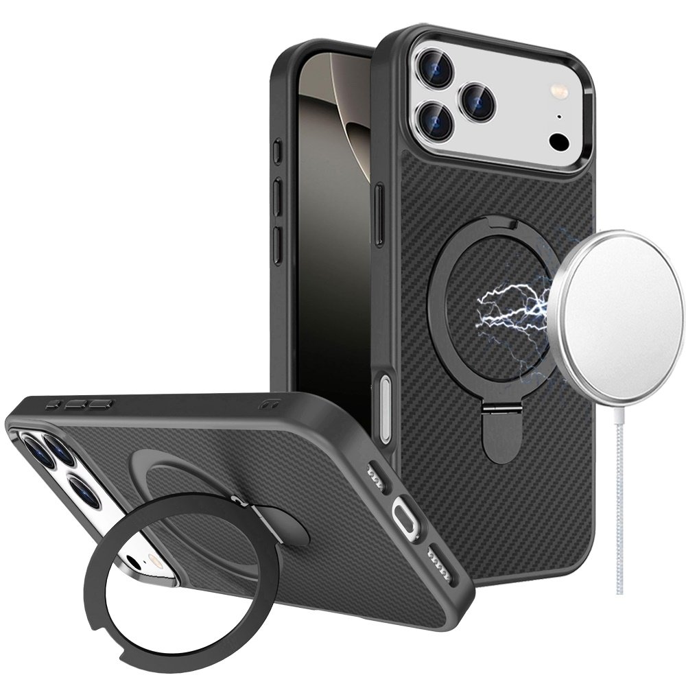 for iphone 17 pro max carbon design [magnetic circle] with ring stand hybrid case black