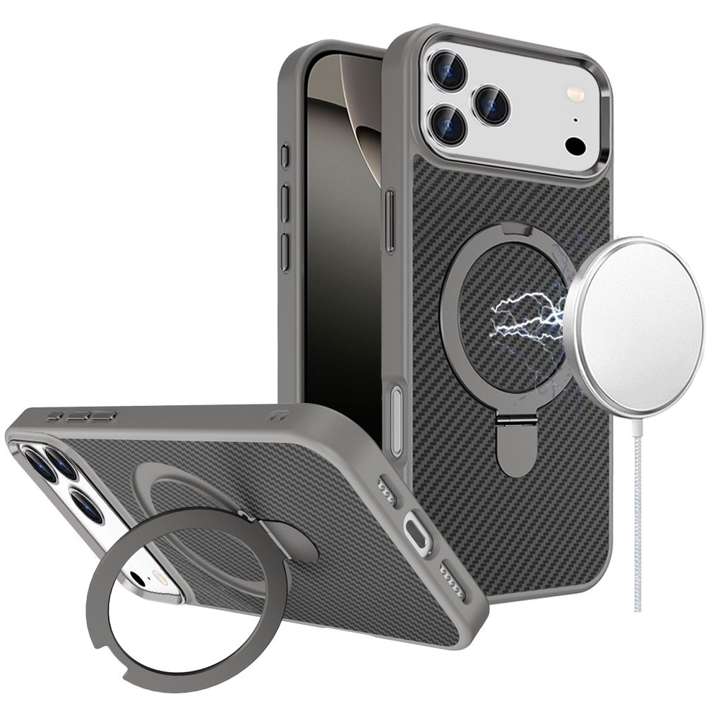 for iphone 17 pro max carbon design [magnetic circle] with ring stand hybrid case gray