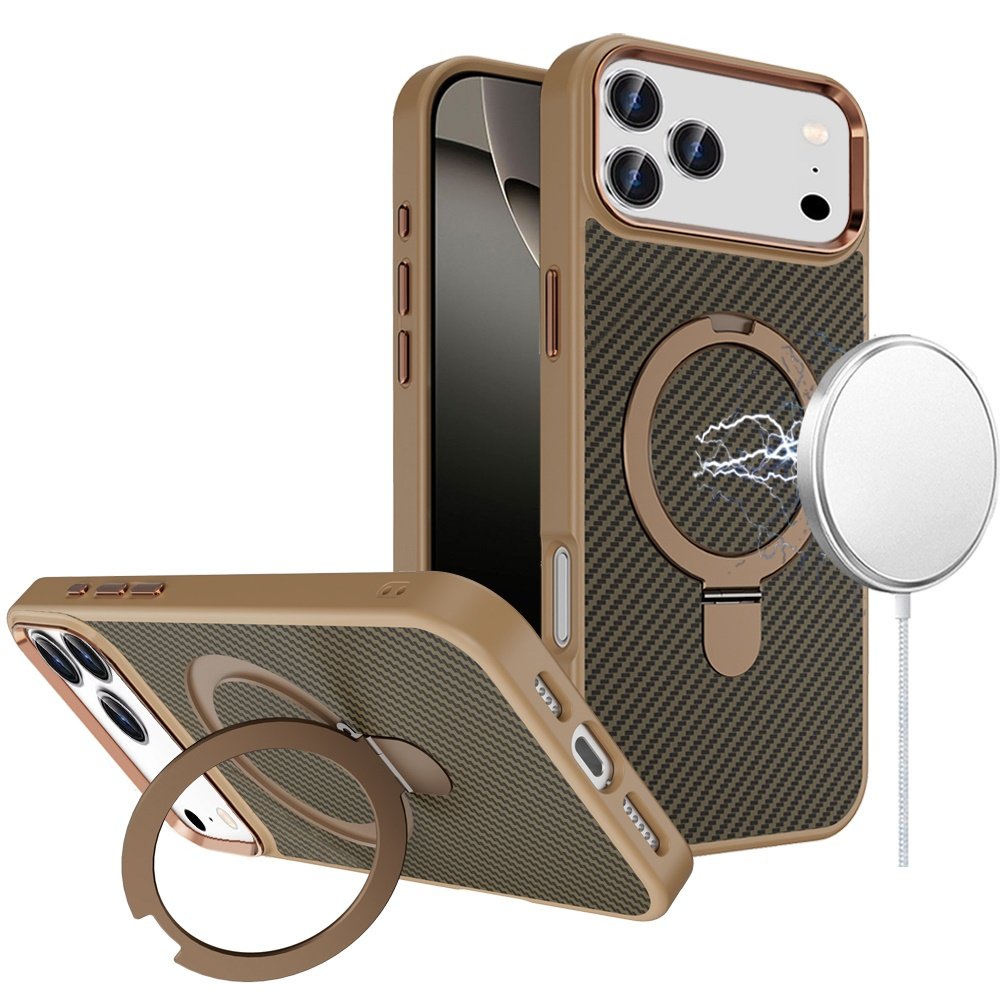 for iphone 17 pro carbon design [magnetic circle] with ring stand hybrid case brown