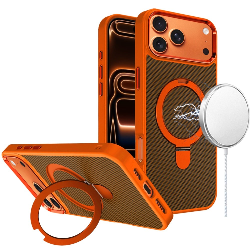 for iphone 17 pro carbon design [magnetic circle] with ring stand hybrid case cosmic orange