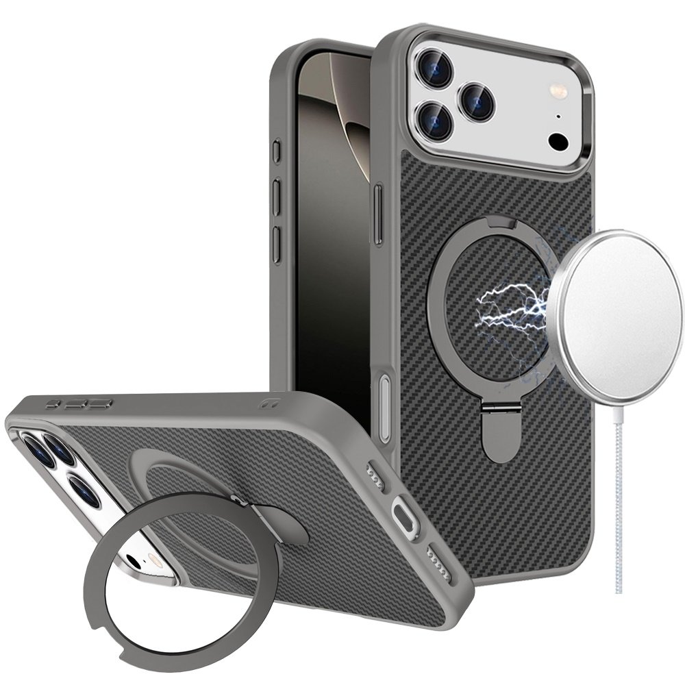 for iphone 17 pro carbon design [magnetic circle] with ring stand hybrid case gray