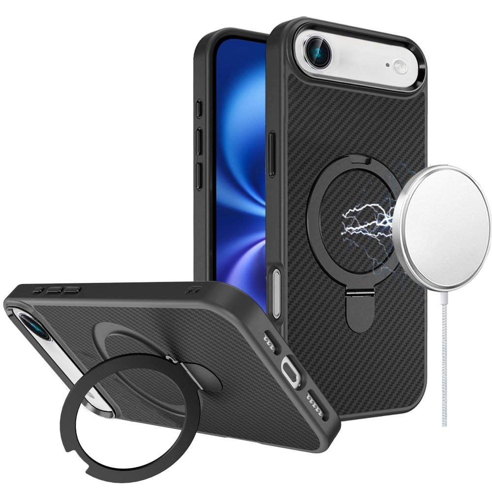 for iphone 17 air carbon design [magnetic circle] with ring stand hybrid case black
