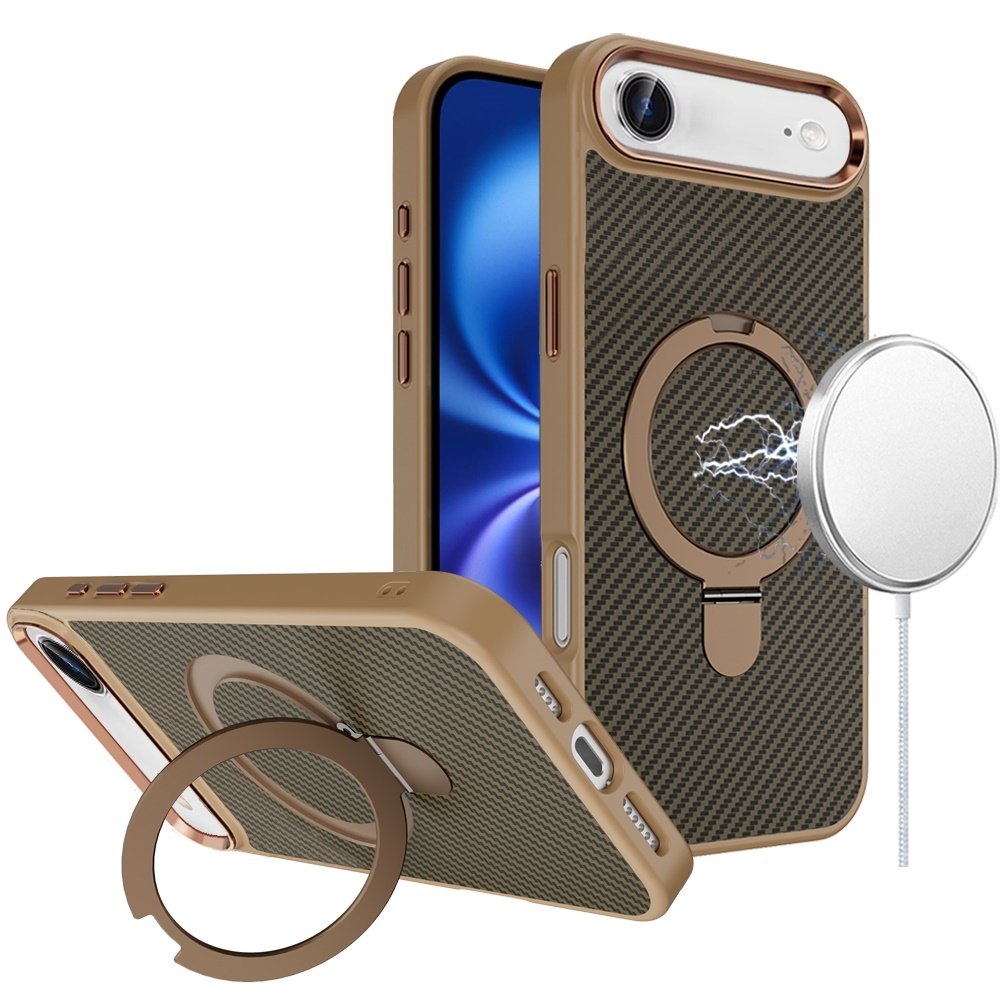 for iphone 17 air carbon design [magnetic circle] with ring stand hybrid case brown