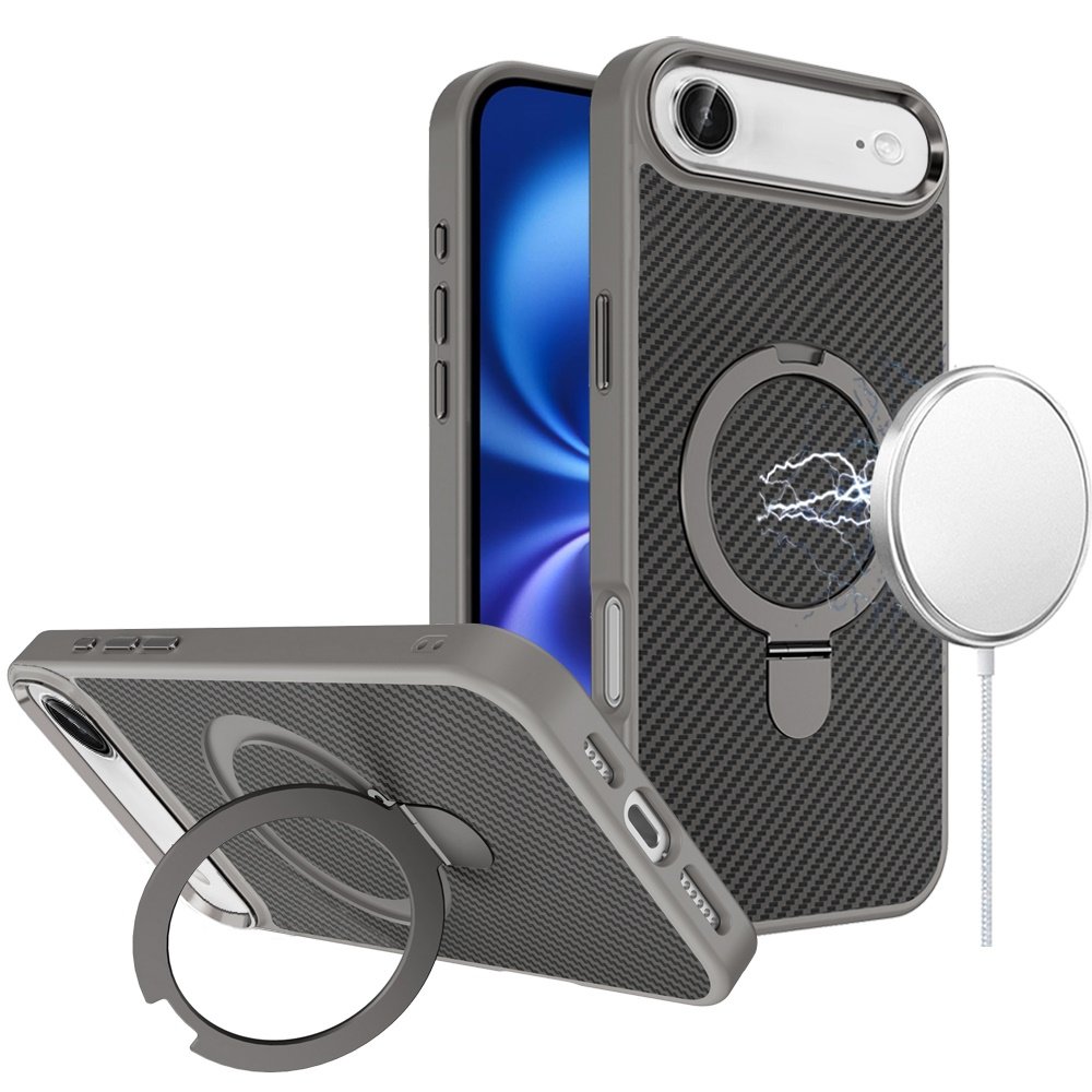 for iphone 17 air carbon design [magnetic circle] with ring stand hybrid case gray